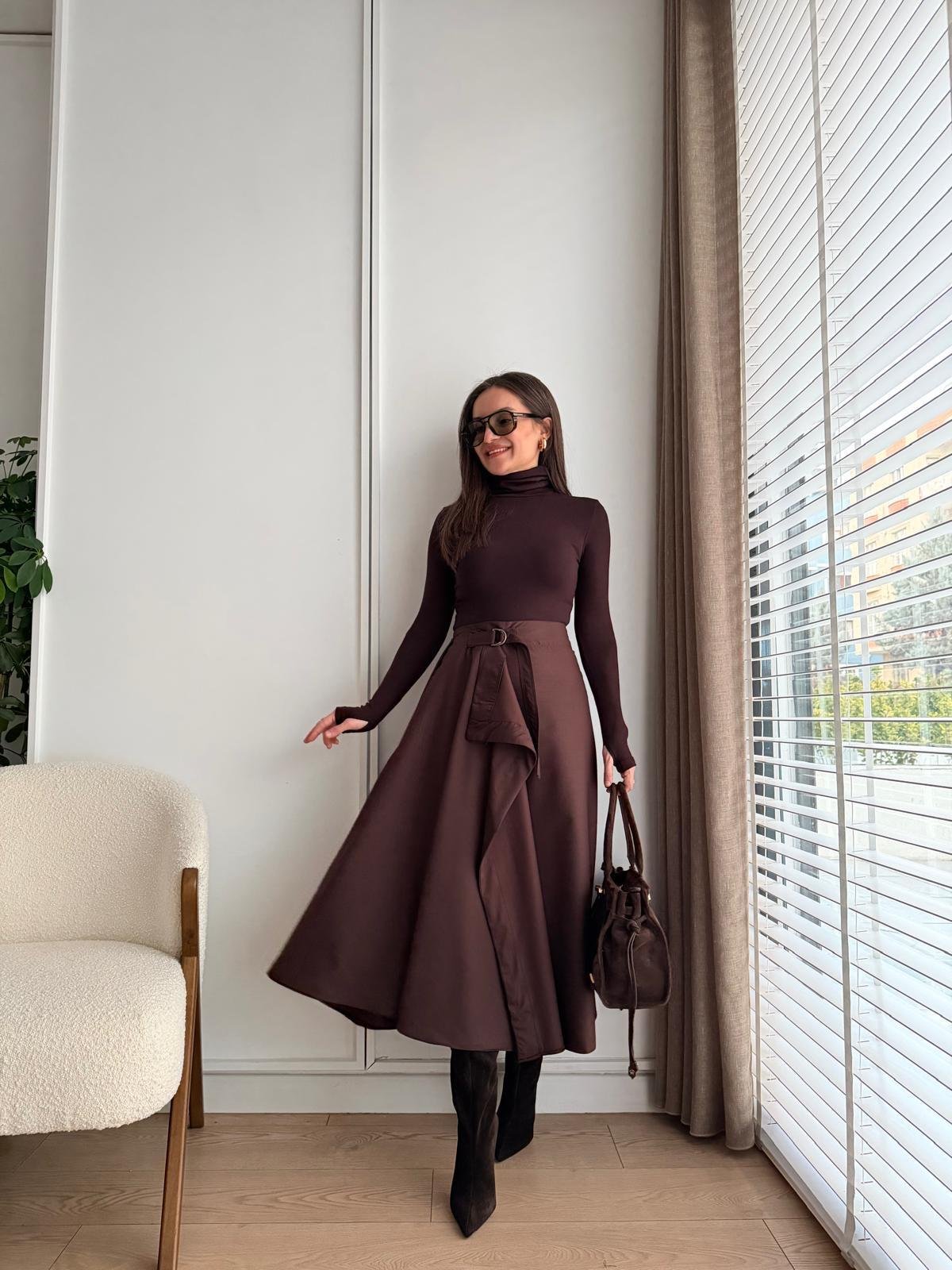 Kahve rengi Pile Detaylı Midi Boy Etek 36978