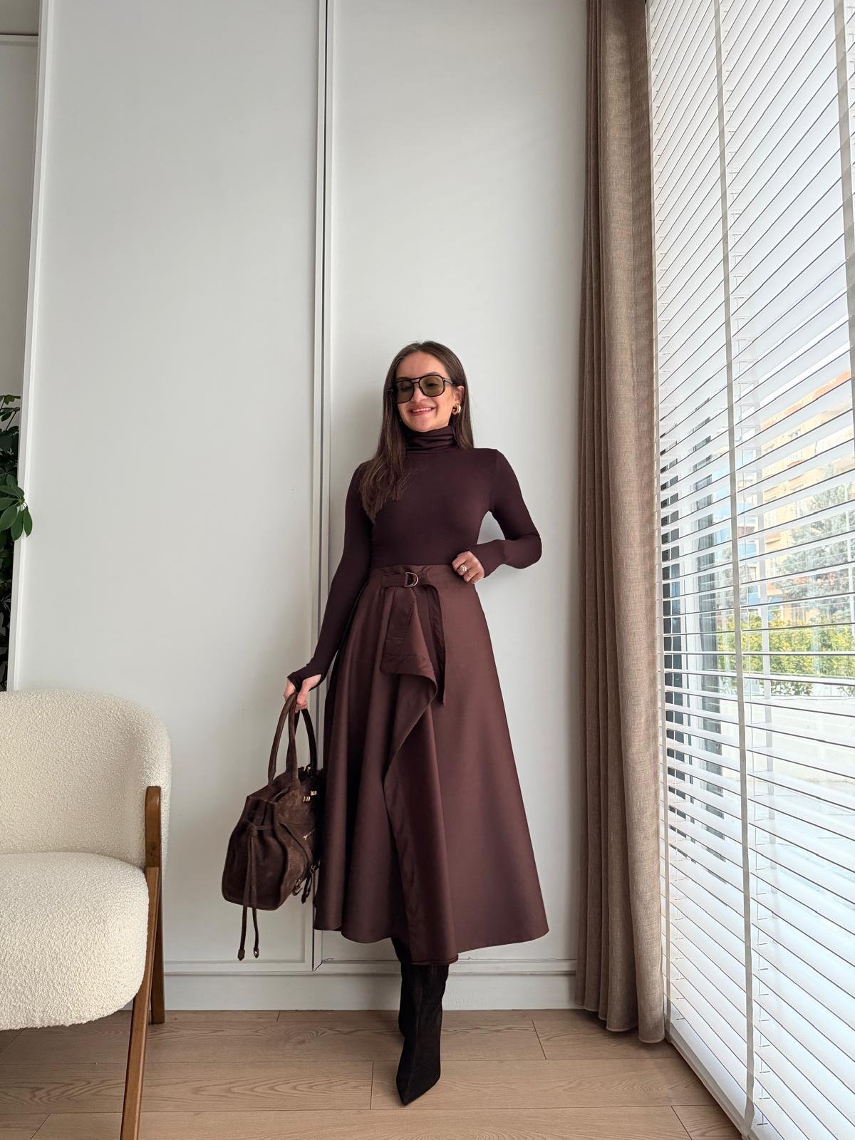 Kahve rengi Pile Detaylı Midi Boy Etek 36978