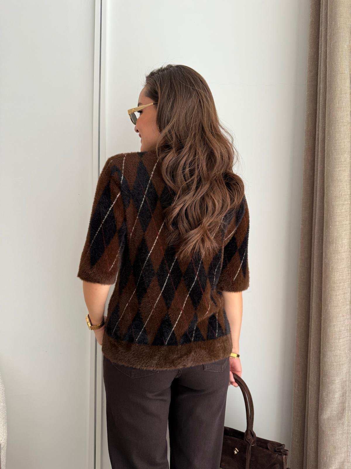 Kahve rengi Polo Yaka Baklava Desen Kısa Kol Kazak 7754
