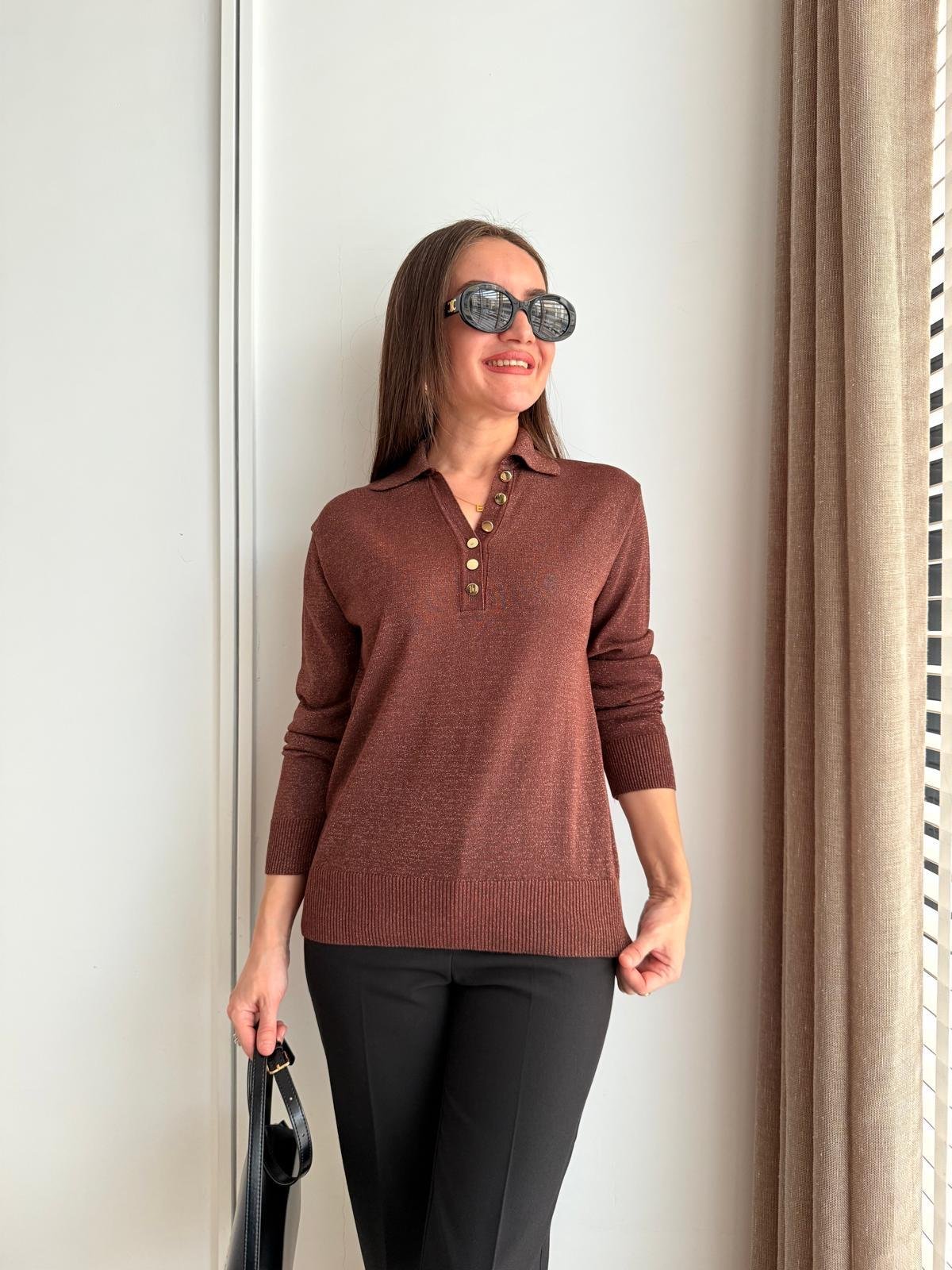 Kahve rengi Polo Yaka Gold Düğmeli Simli Triko Bluz 251133