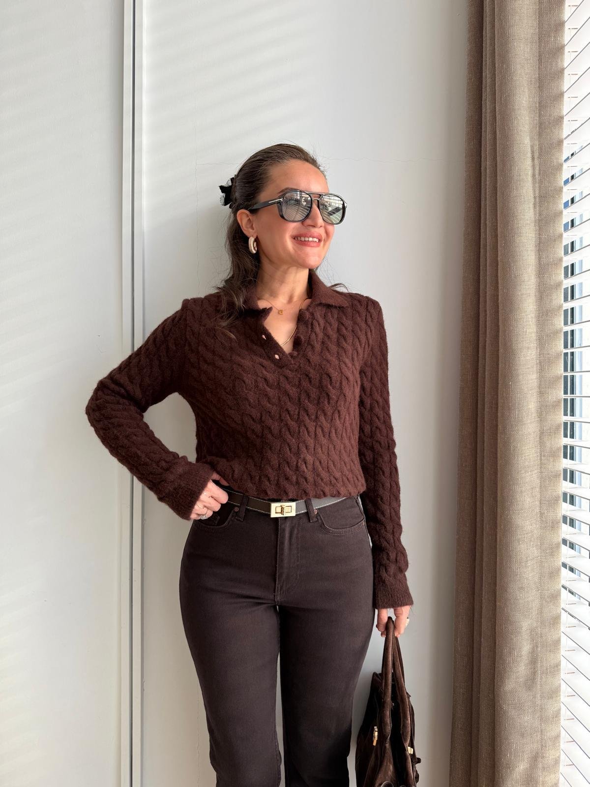 Kahve rengi Polo Yaka Saç Örgülü Triko Kazak 4984