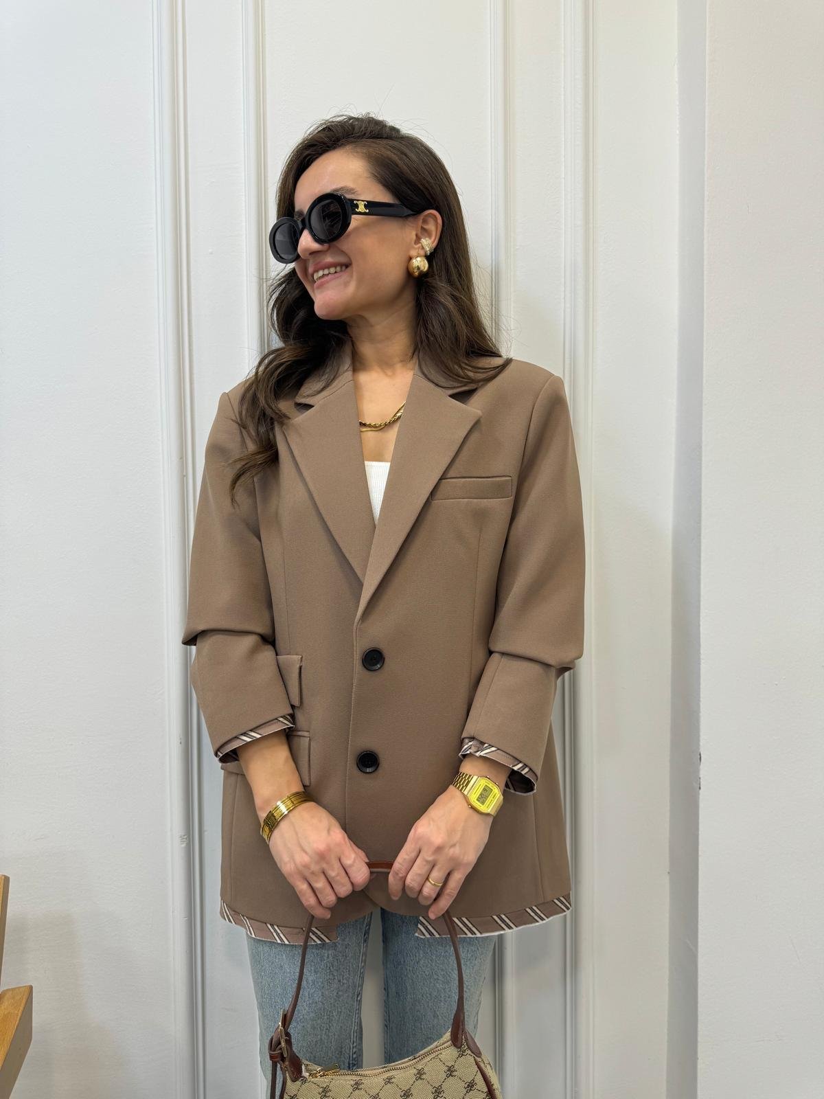Kahve rengi Premıum Kalite Astar Detaylı Double Kumaş Blazer Ceket 9456