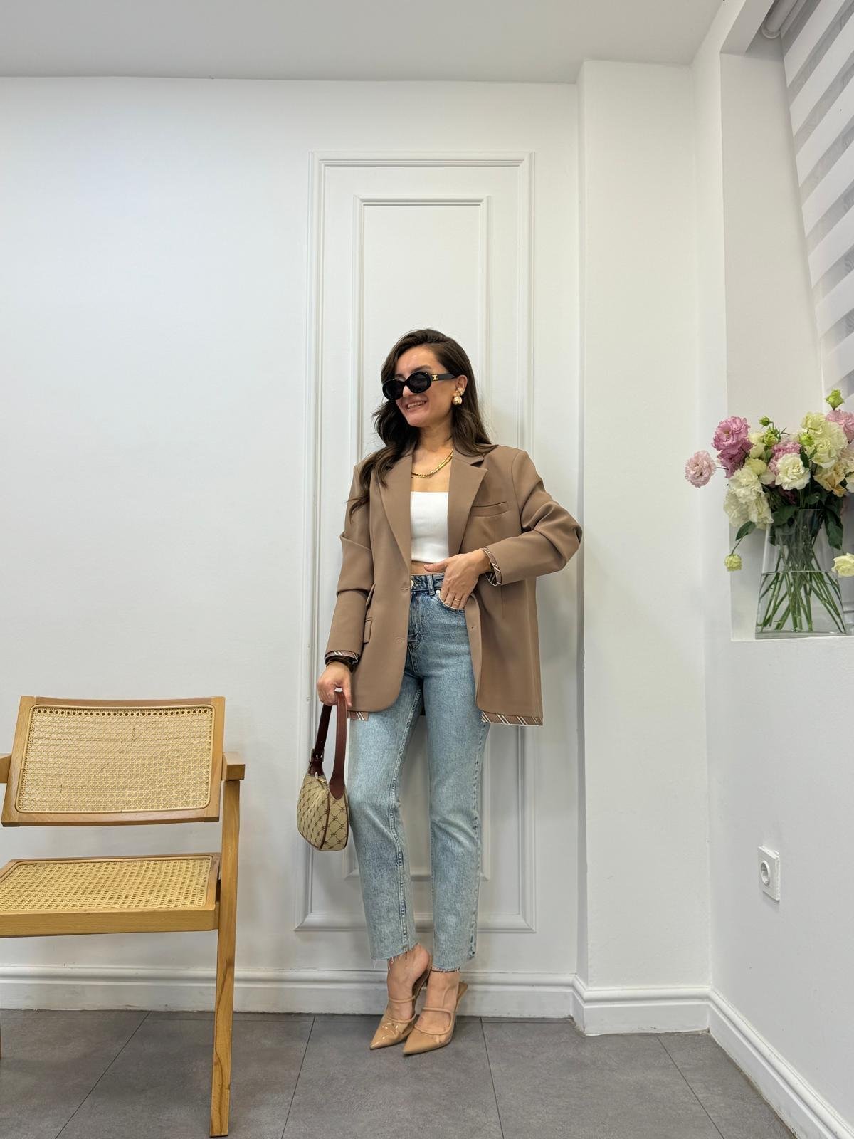 Kahve rengi Premıum Kalite Astar Detaylı Double Kumaş Blazer Ceket 9456