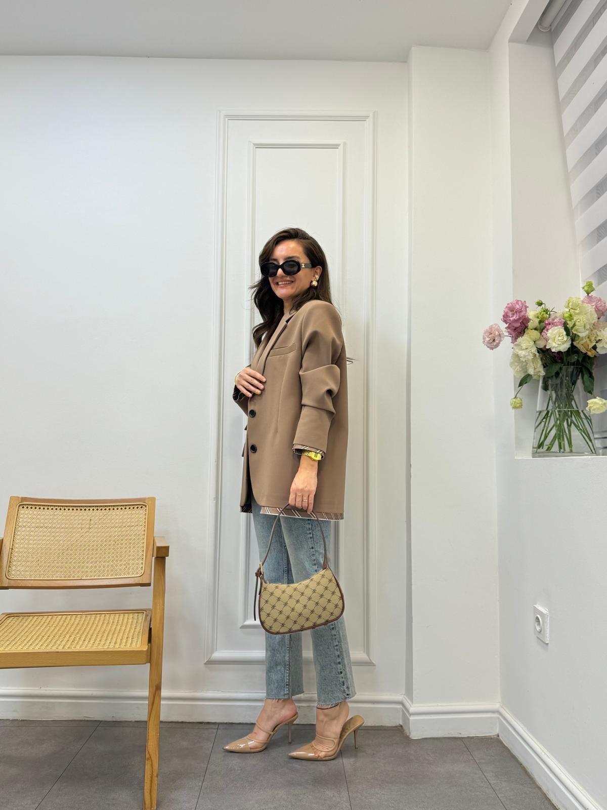 Kahve rengi Premıum Kalite Astar Detaylı Double Kumaş Blazer Ceket 9456