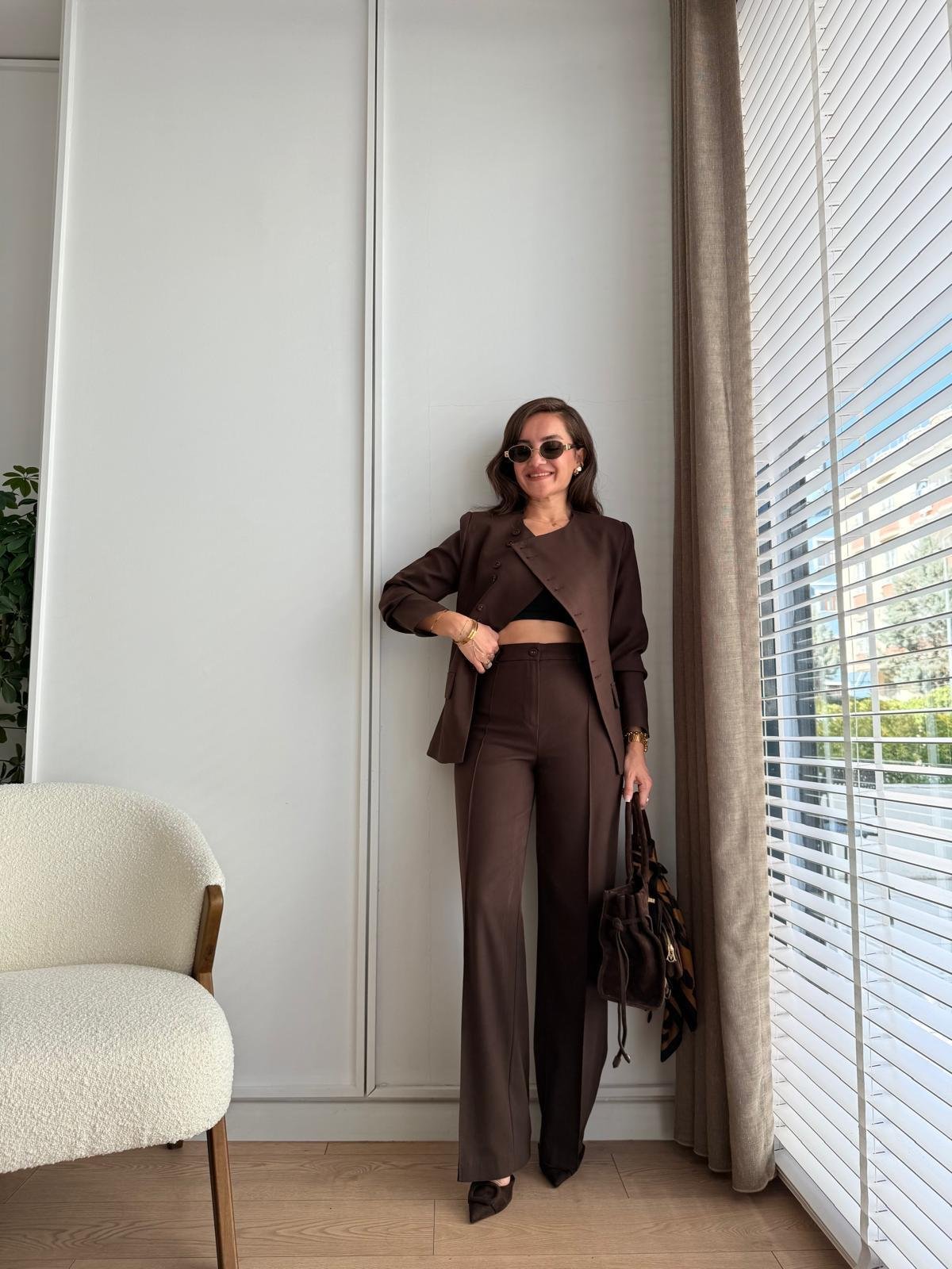 Kahve rengi Premıum Kalite Çapraz Düğmeli Ceket Pantolon Takım 8748