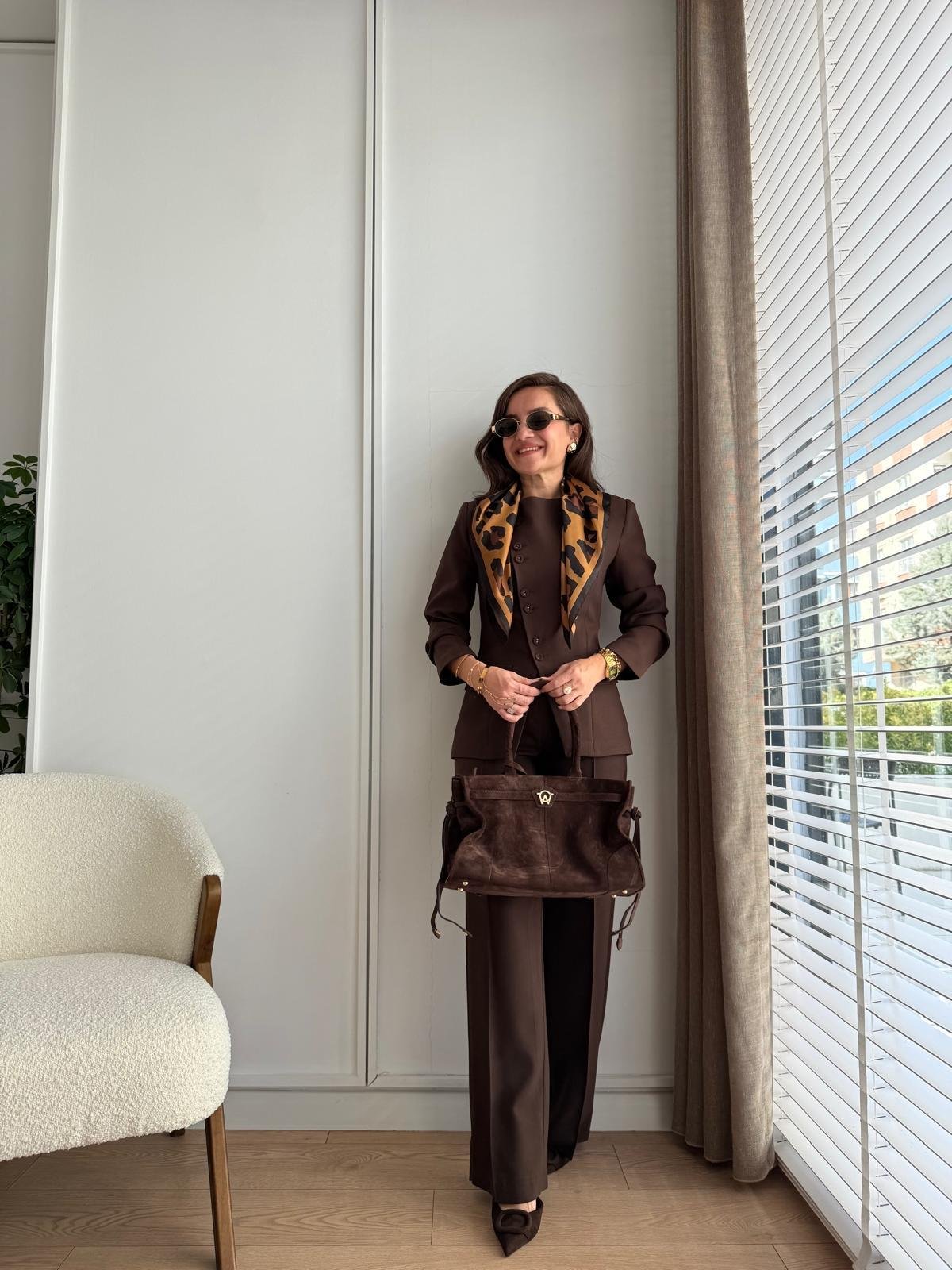 Kahve rengi Premıum Kalite Çapraz Düğmeli Ceket Pantolon Takım 8748