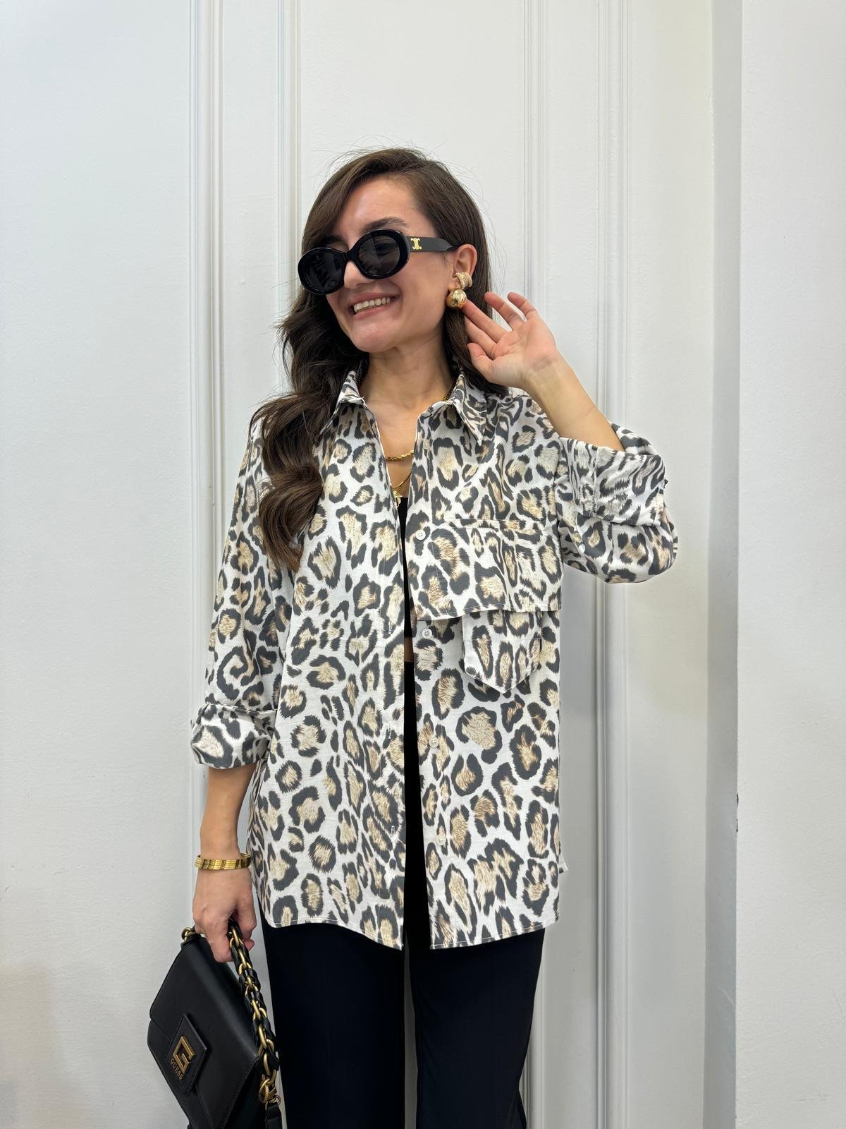 Kahve rengi Premıum Kalite Leopar Desen Cep Detaylı Gömlek 29156