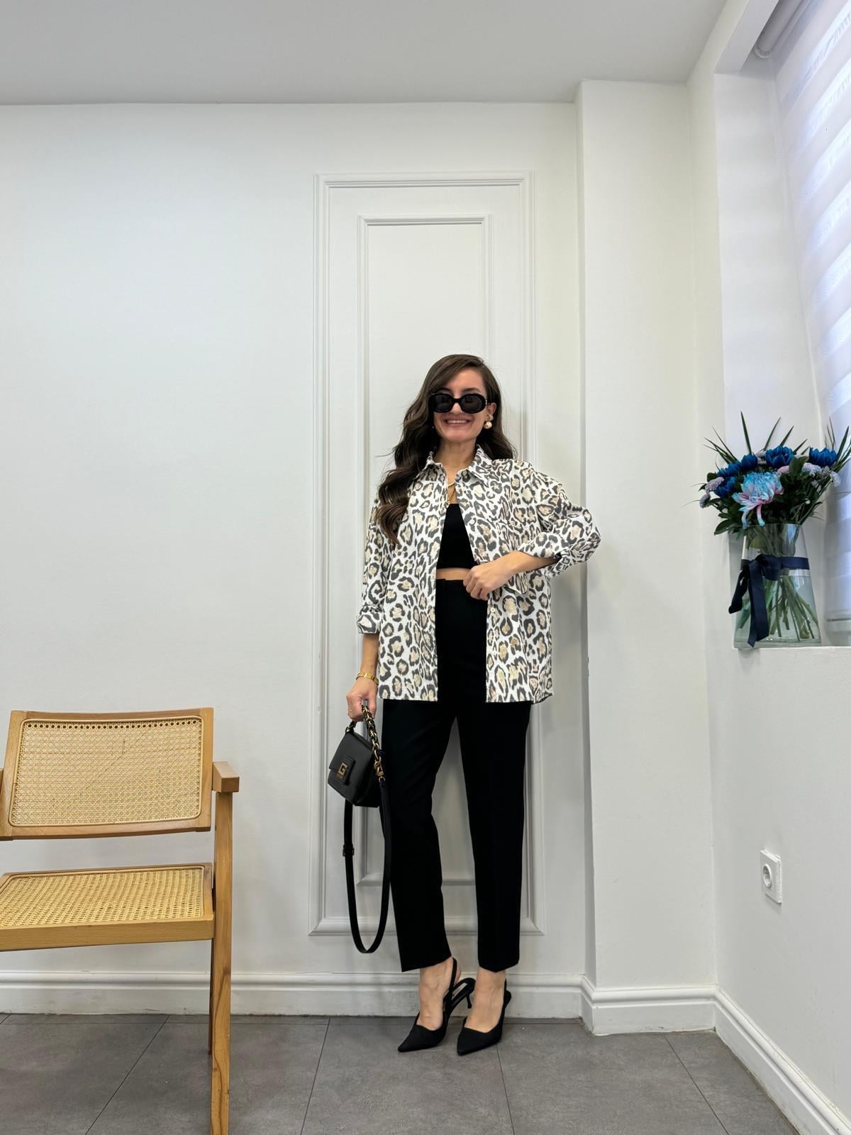 Kahve rengi Premıum Kalite Leopar Desen Cep Detaylı Gömlek 29156