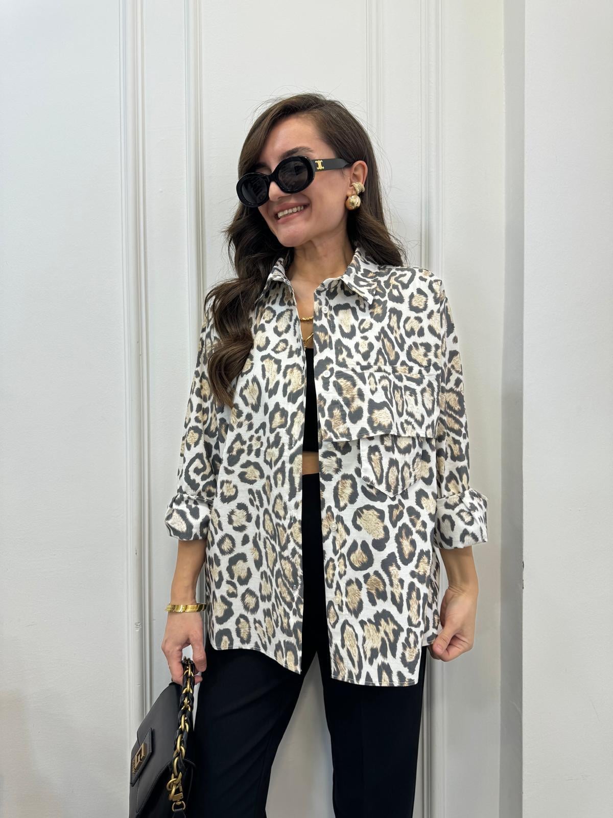 Kahve rengi Premıum Kalite Leopar Desen Cep Detaylı Gömlek 29156