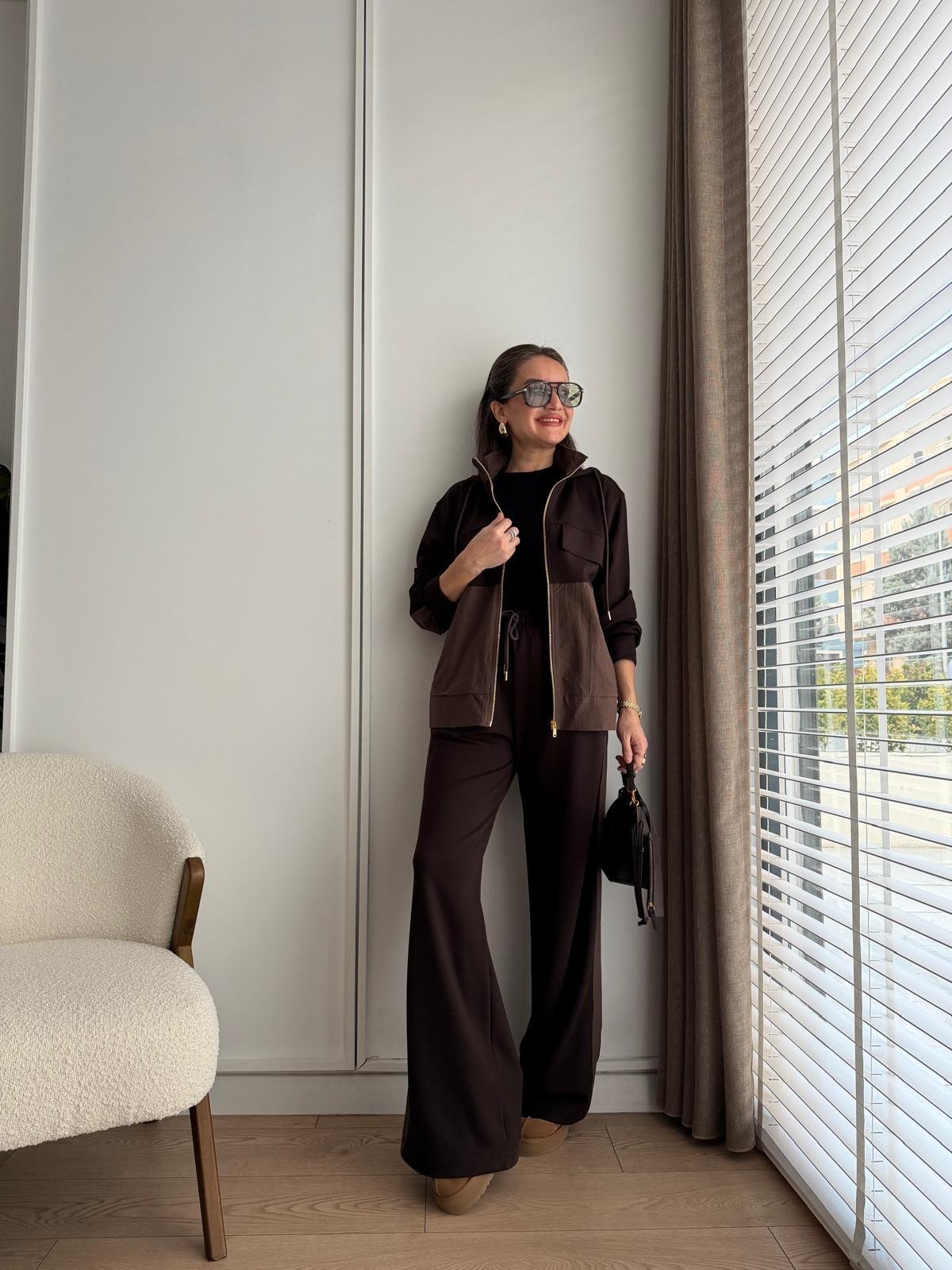 Kahve rengi Premium Seri Kapüşonlu Cep Detaylı Takım 36958
