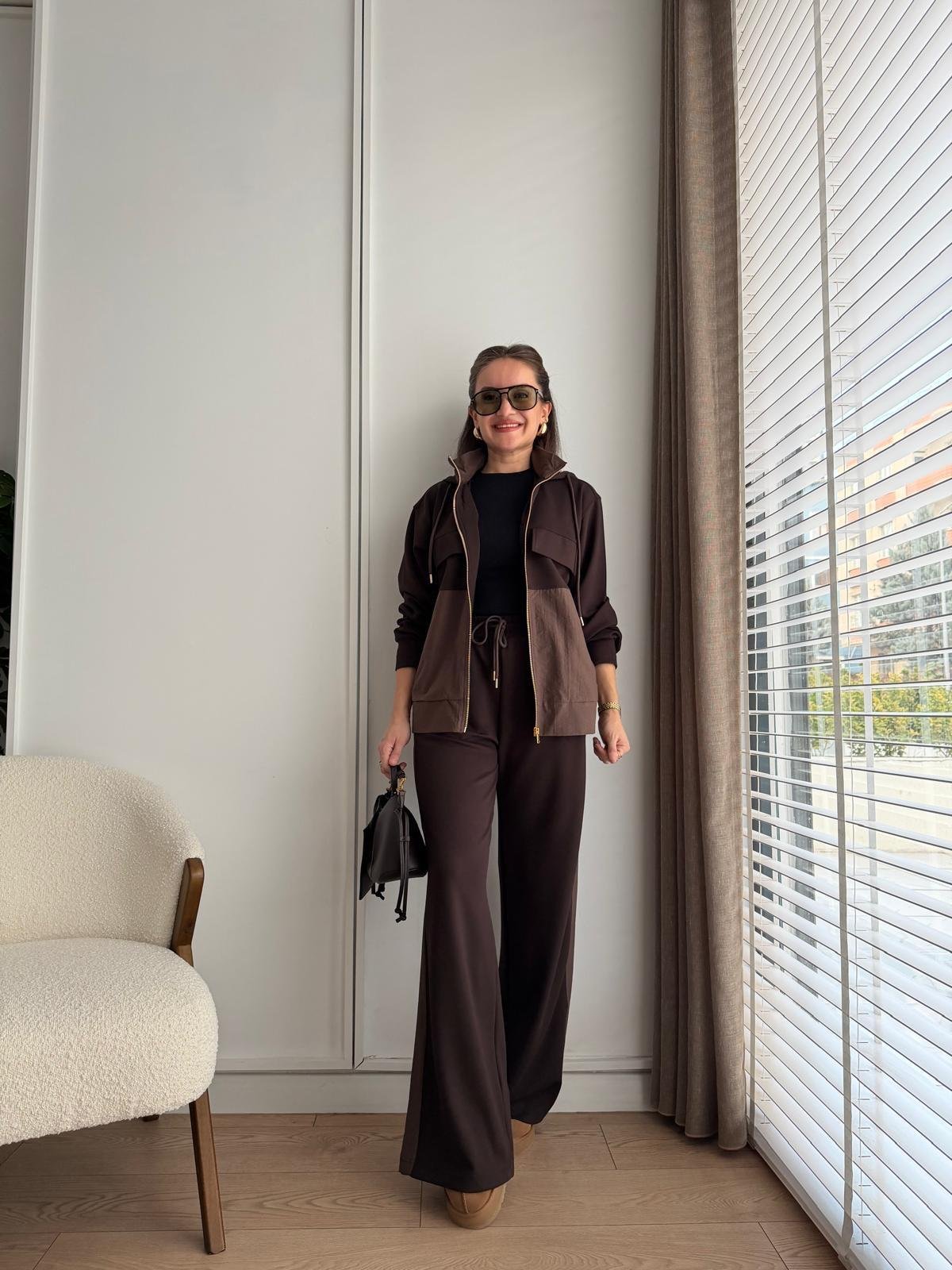 Kahve rengi Premium Seri Kapüşonlu Cep Detaylı Takım 36958