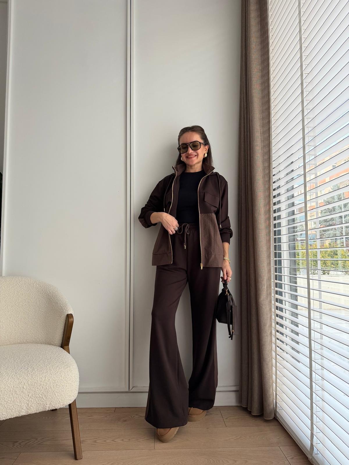Kahve rengi Premium Seri Kapüşonlu Cep Detaylı Takım 36958