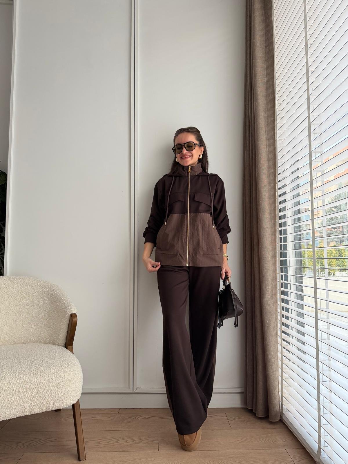 Kahve rengi Premium Seri Kapüşonlu Cep Detaylı Takım 36958