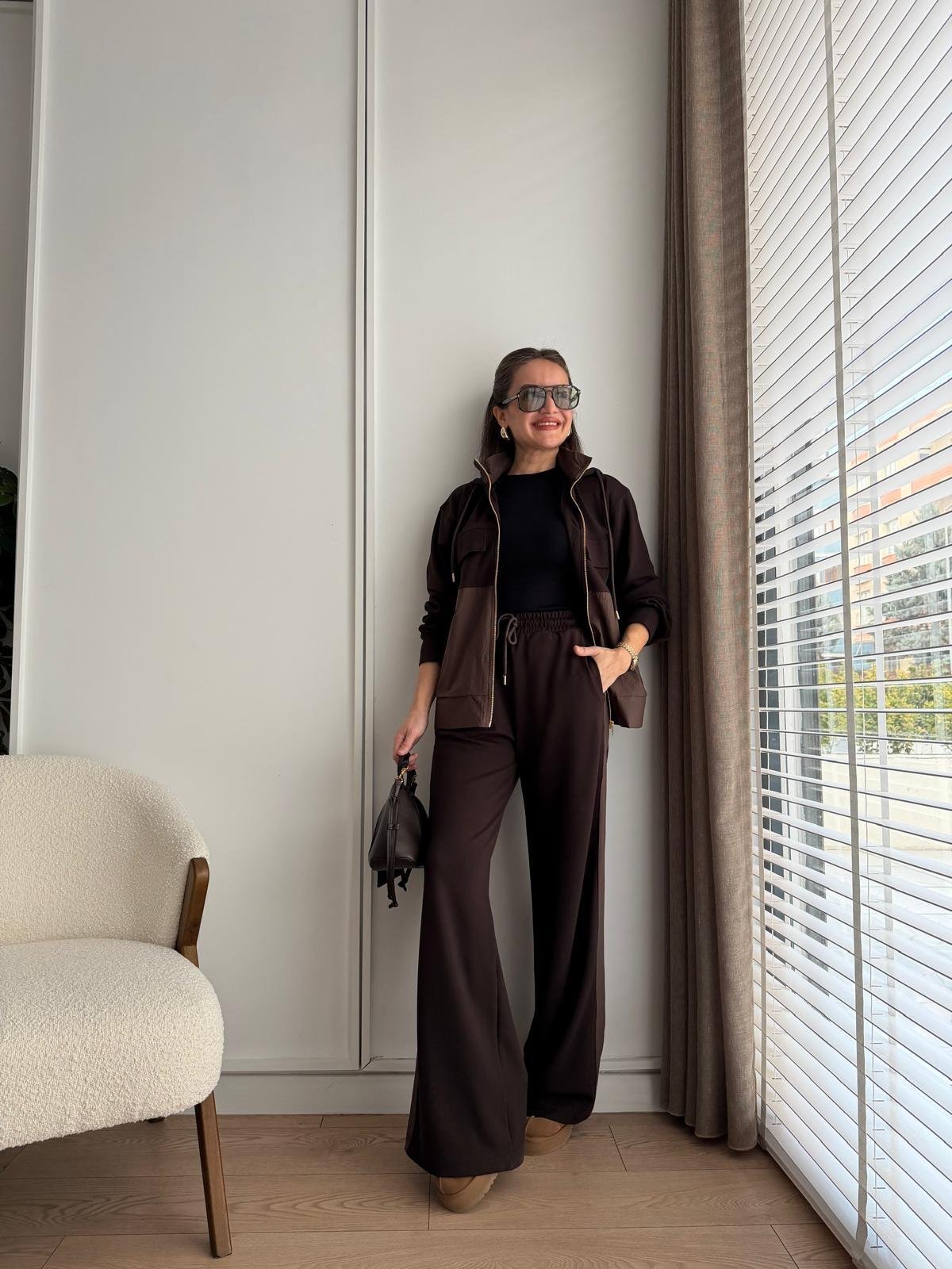 Kahve rengi Premium Seri Kapüşonlu Cep Detaylı Takım 36958