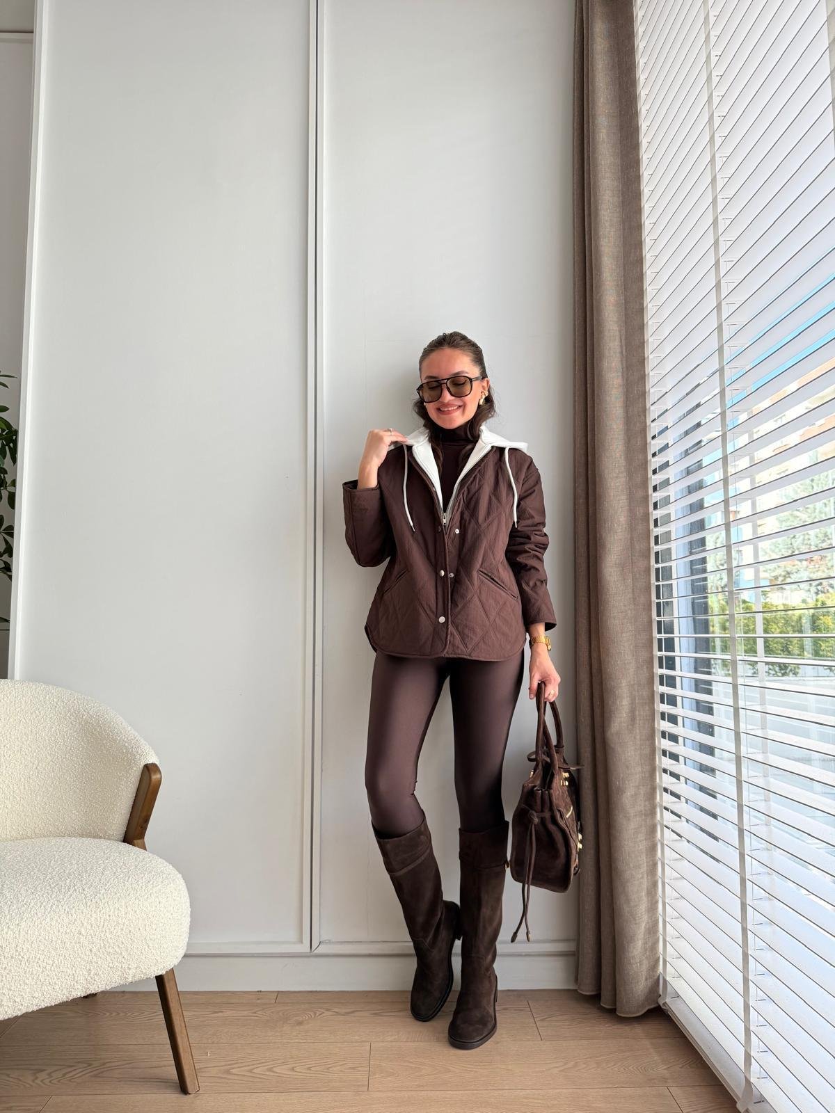 Kahve rengi Premıum Seri Kapüşonlu Mont 5841
