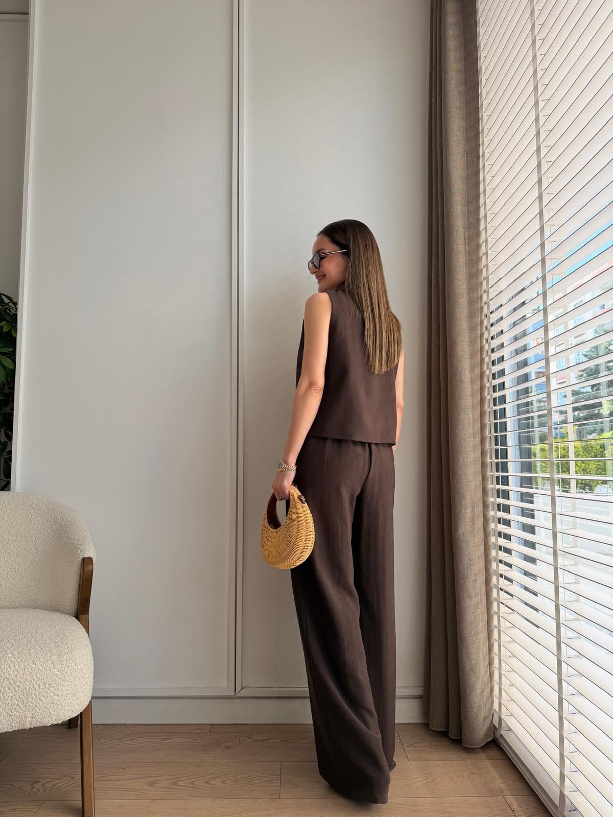 Kahve rengi Premium Seri Zımba Detaylı Yelek Takım 39701