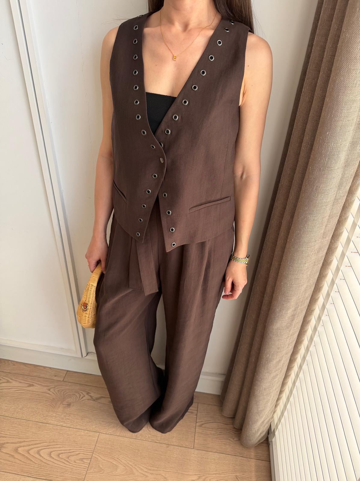 Kahve rengi Premium Seri Zımba Detaylı Yelek Takım 39701