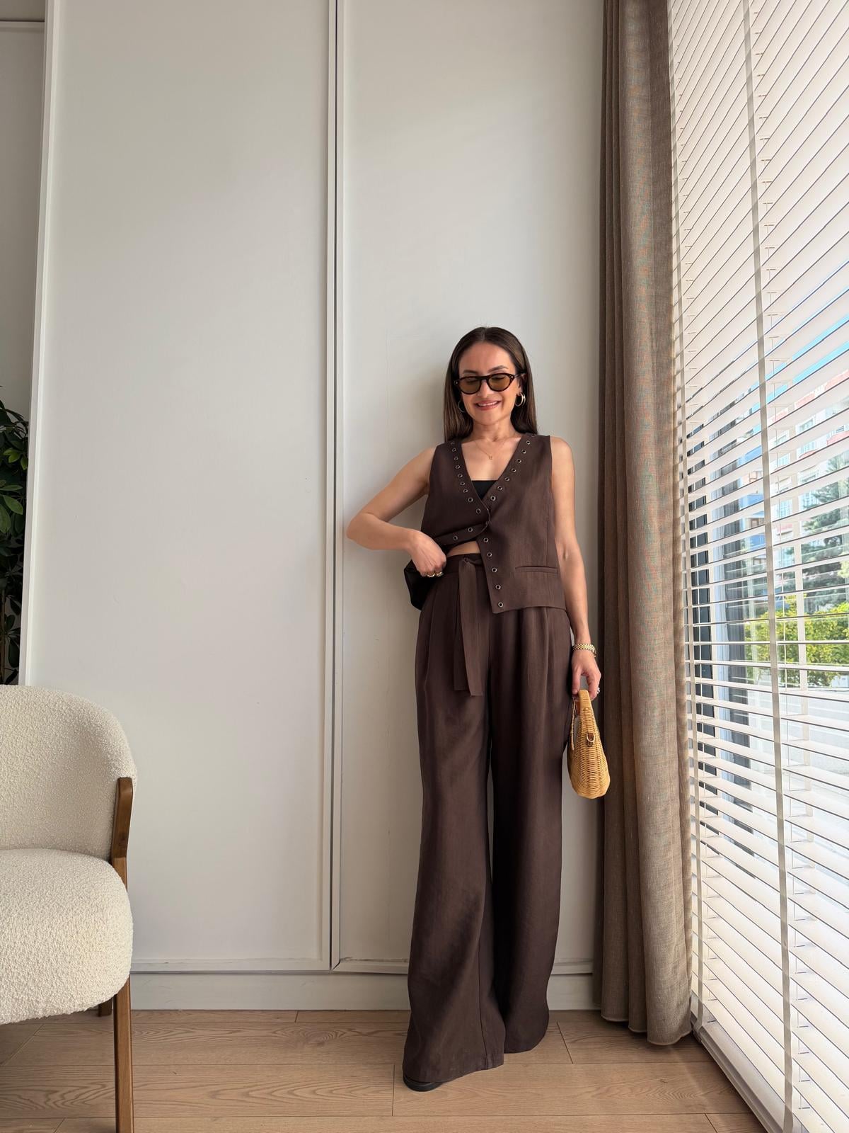 Kahve rengi Premium Seri Zımba Detaylı Yelek Takım 39701