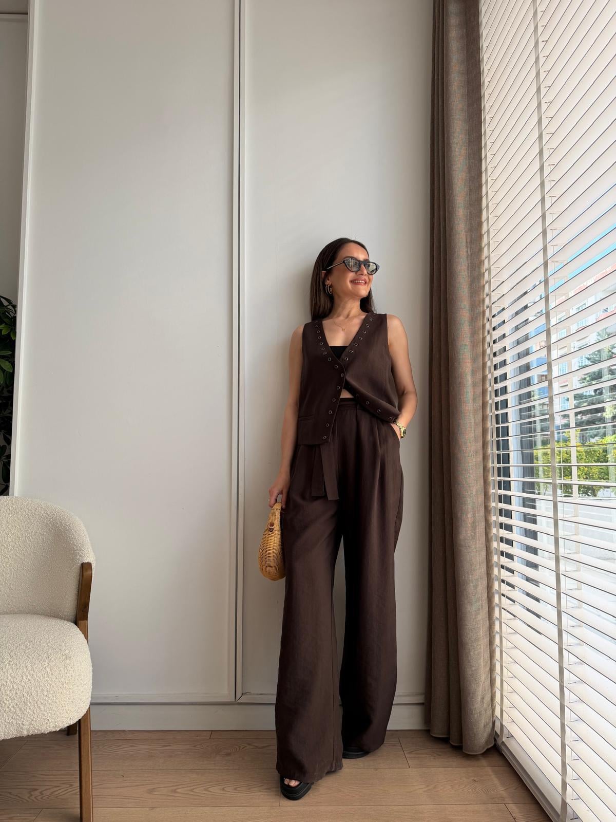 Kahve rengi Premium Seri Zımba Detaylı Yelek Takım 39701