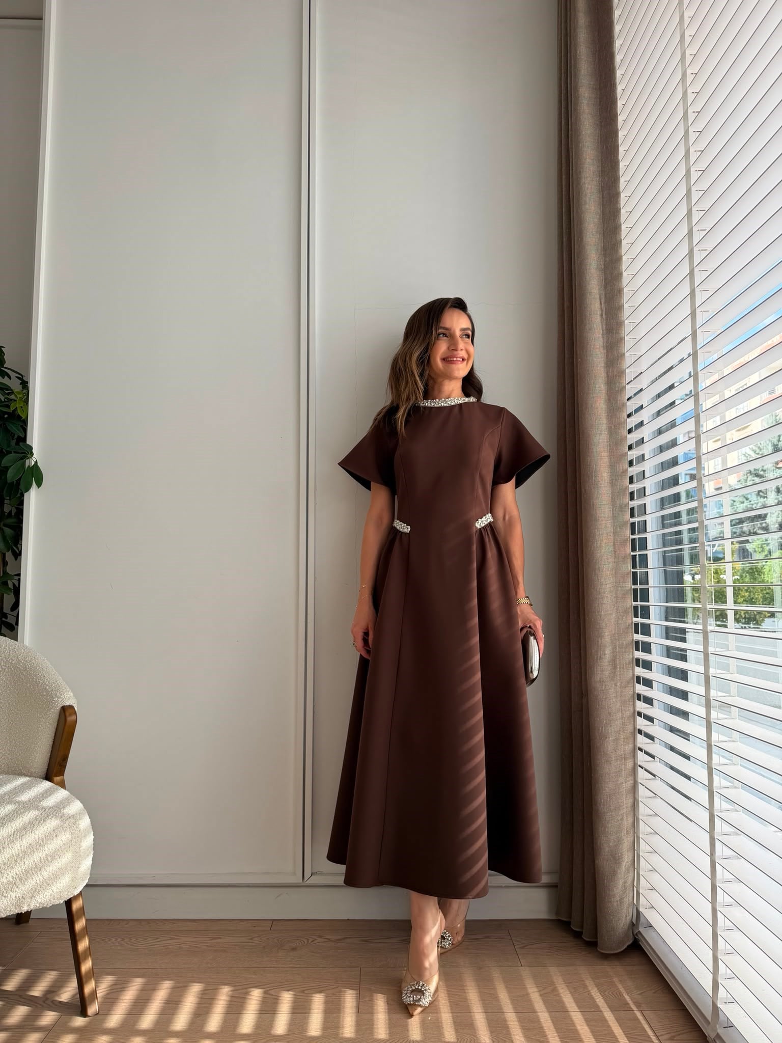 Kahve rengi Prenses Kesim Taş İşlemeli Elbise 3220