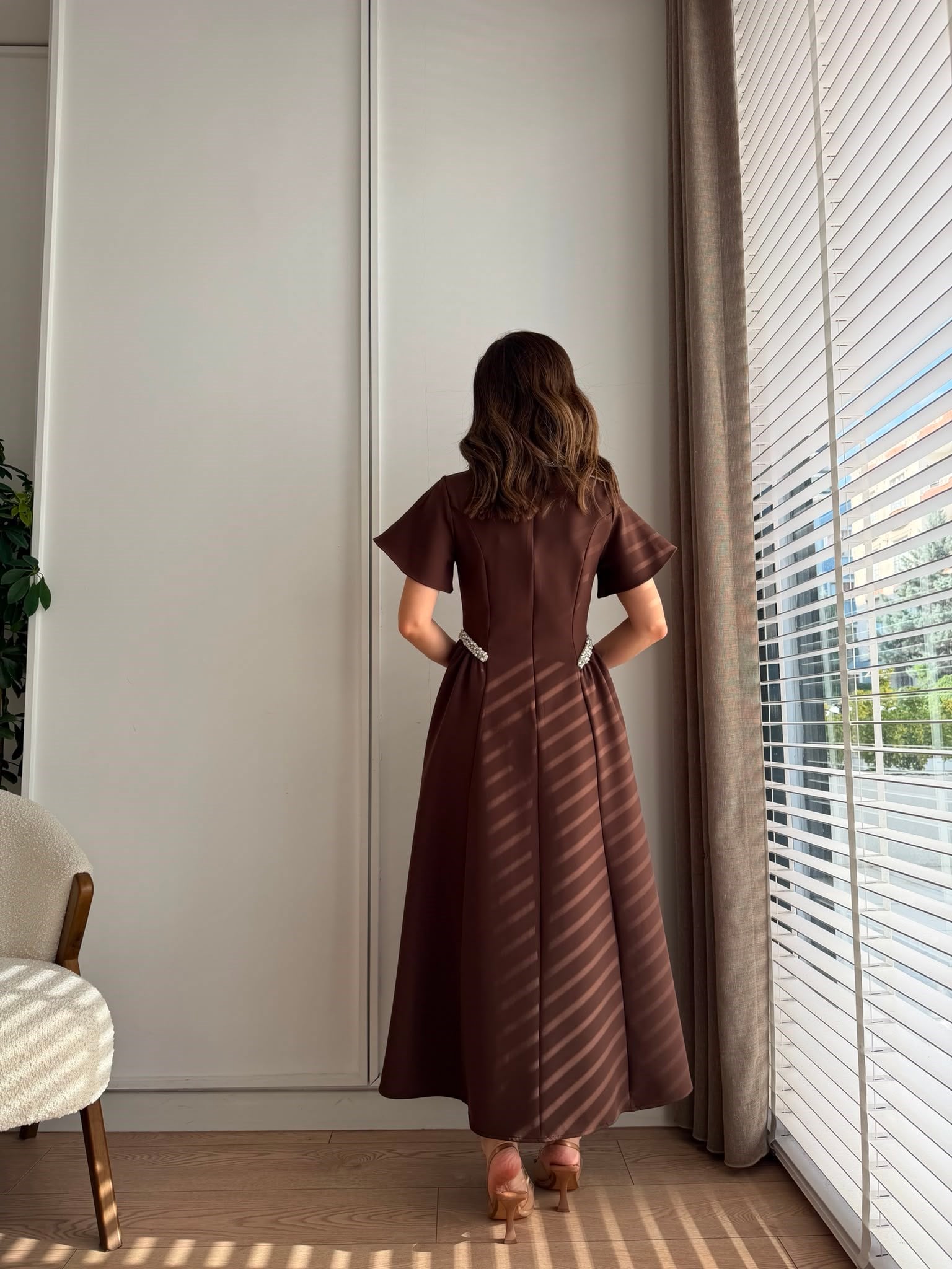 Kahve rengi Prenses Kesim Taş İşlemeli Elbise 3220