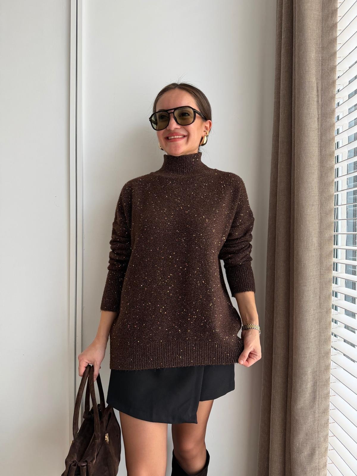 Kahve rengi Pullu Sim Geçişli Kazak 7783