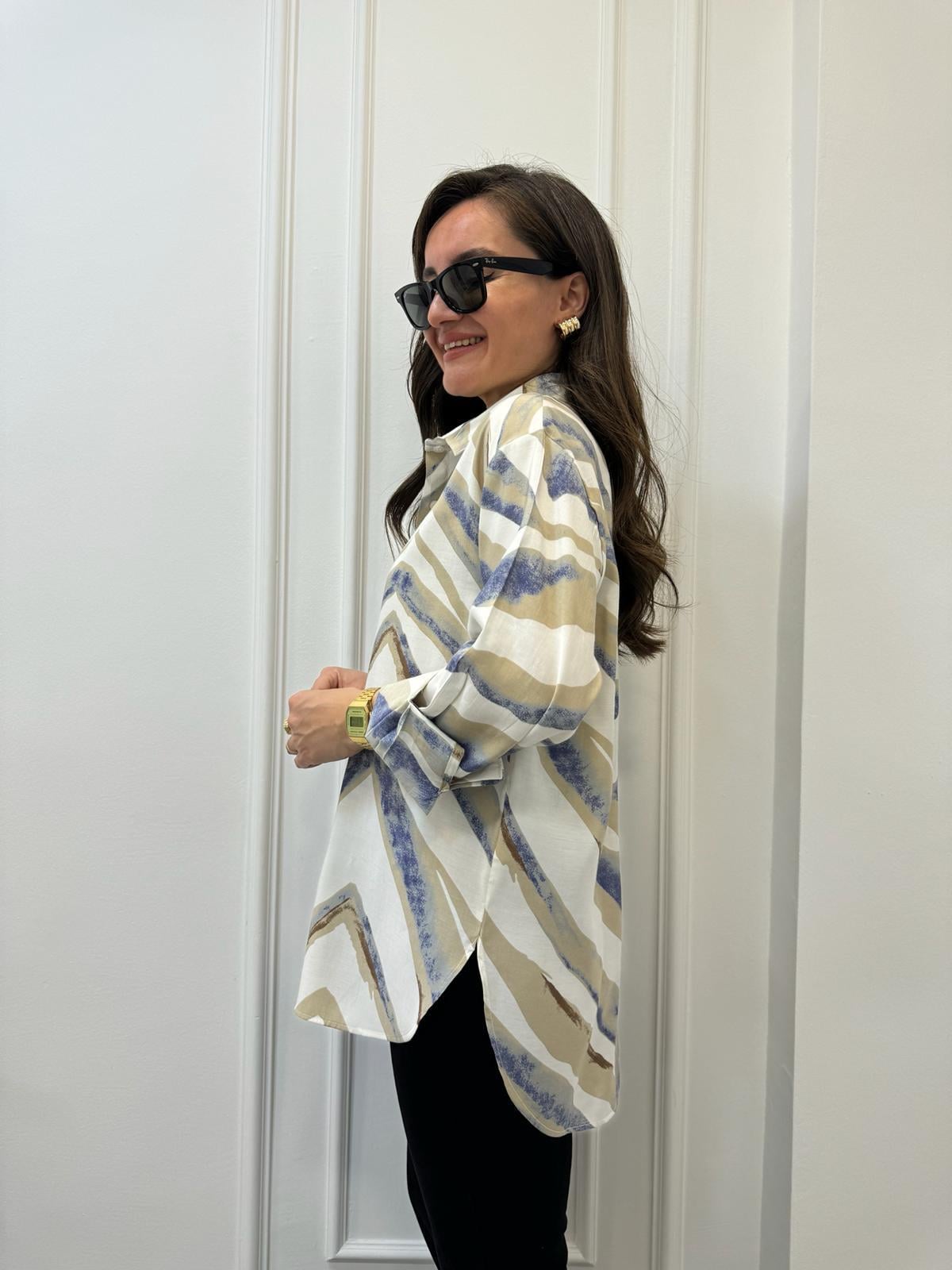 Kahve rengi Renkli Desenli Oversize Gömlek 3097