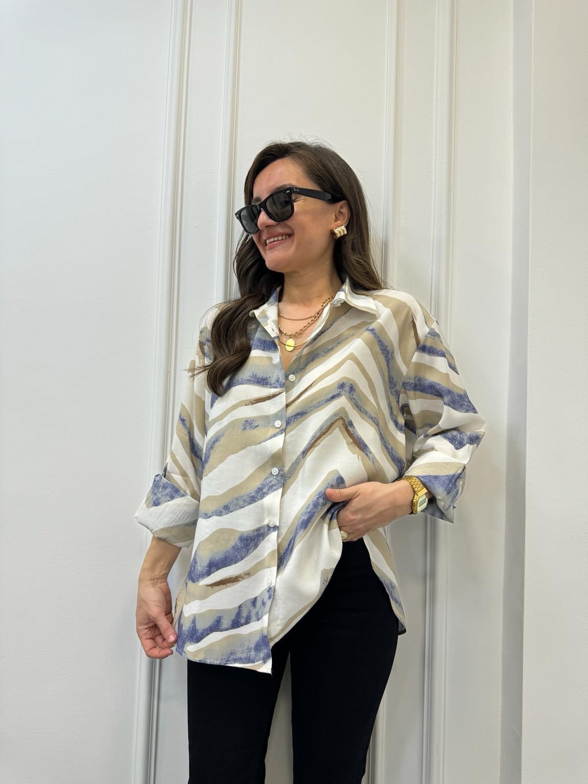 Kahve rengi Renkli Desenli Oversize Gömlek 3097