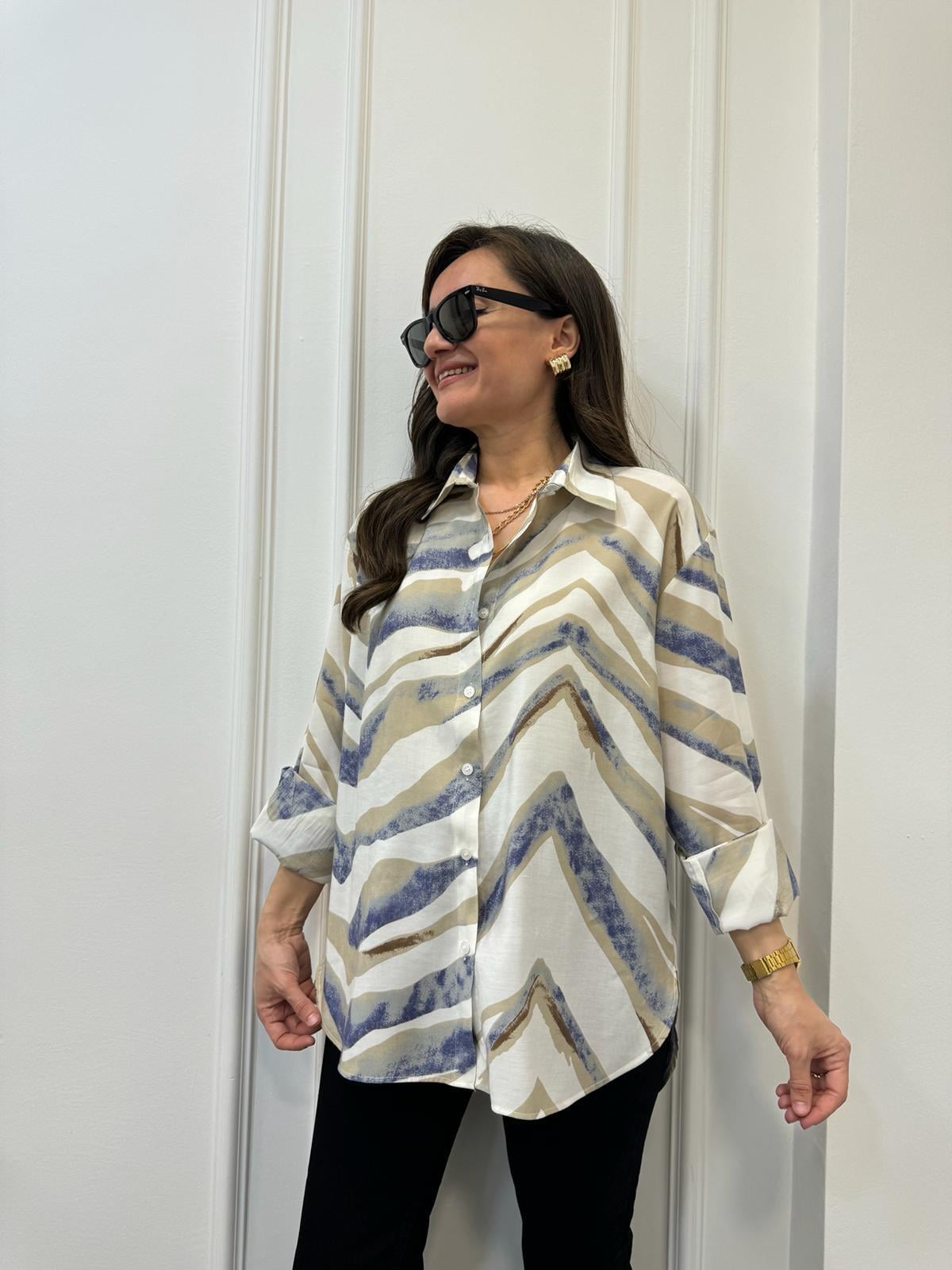 Kahve rengi Renkli Desenli Oversize Gömlek 3097