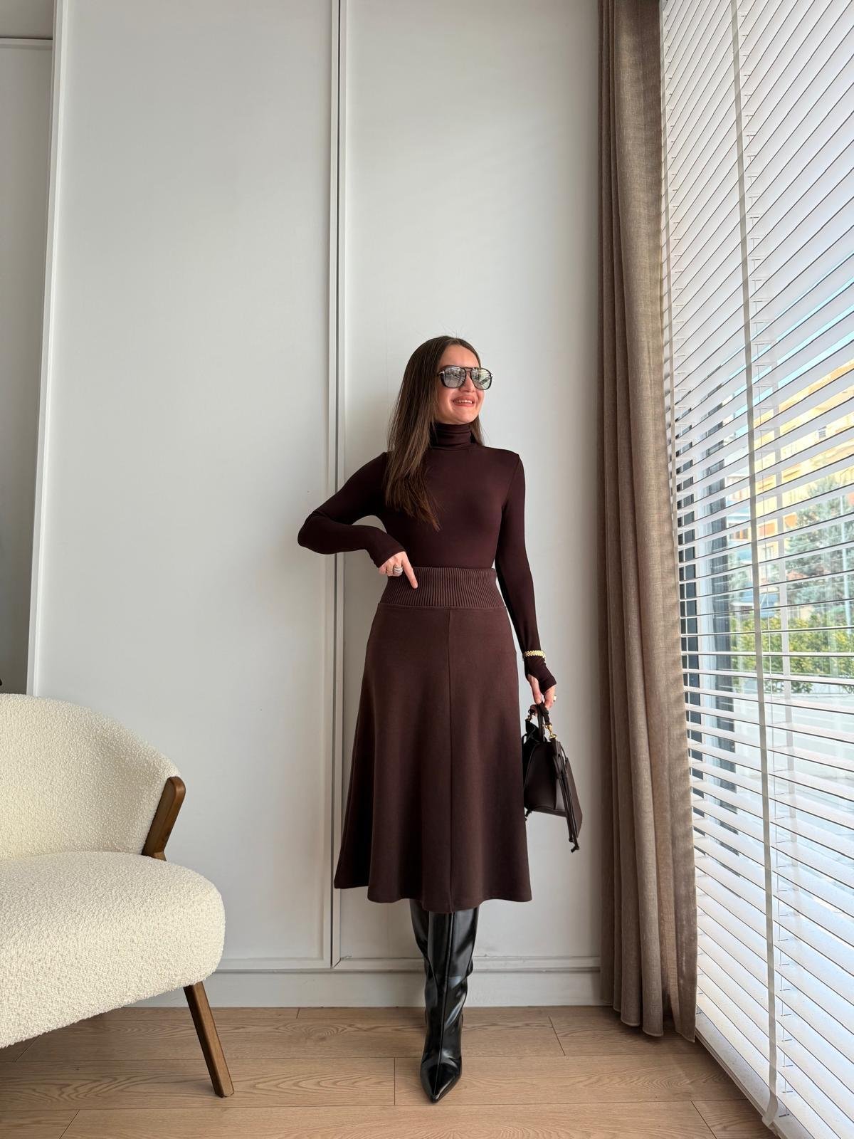 Kahve rengi Ribana Detaylı Triko Etek 17192