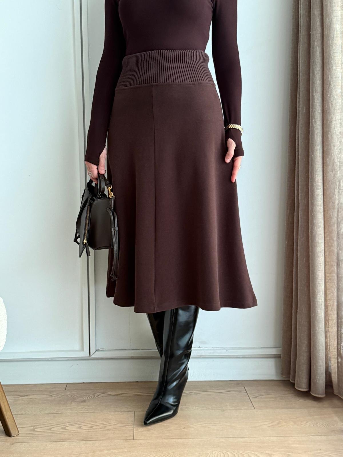 Kahve rengi Ribana Detaylı Triko Etek 17192