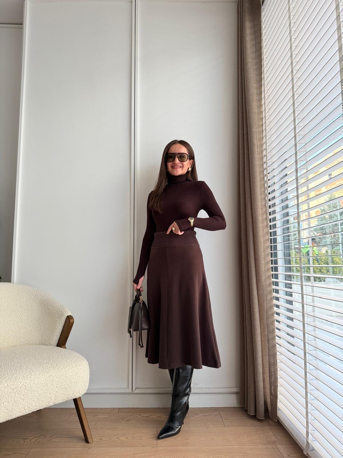 Kahve rengi Ribana Detaylı Triko Etek 17192