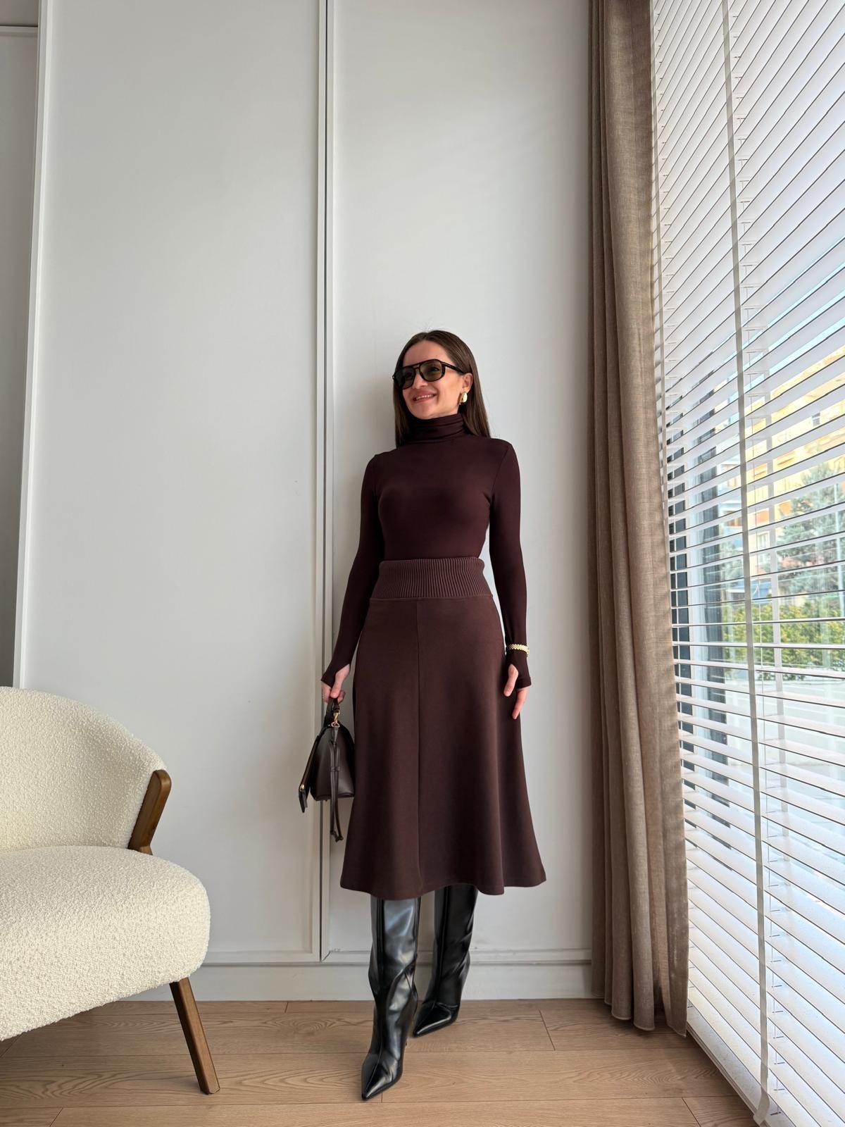 Kahve rengi Ribana Detaylı Triko Etek 17192