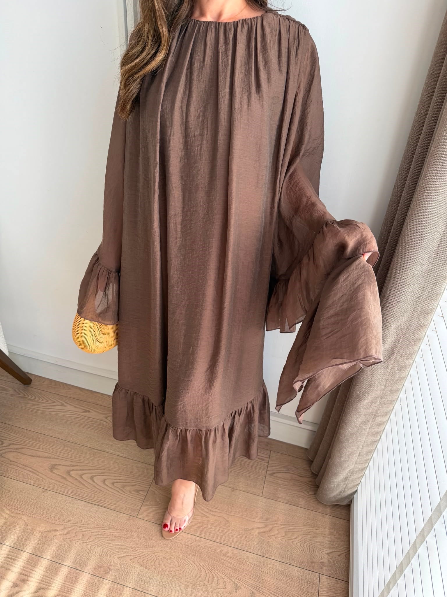 Kahve rengi Şallı Büzgülü Elbise 3404