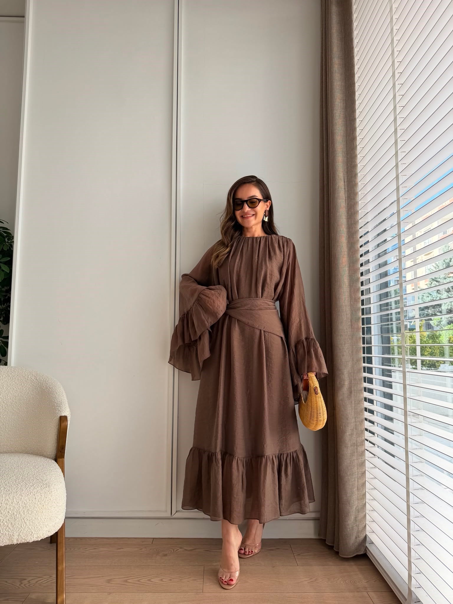 Kahve rengi Şallı Büzgülü Elbise 3404