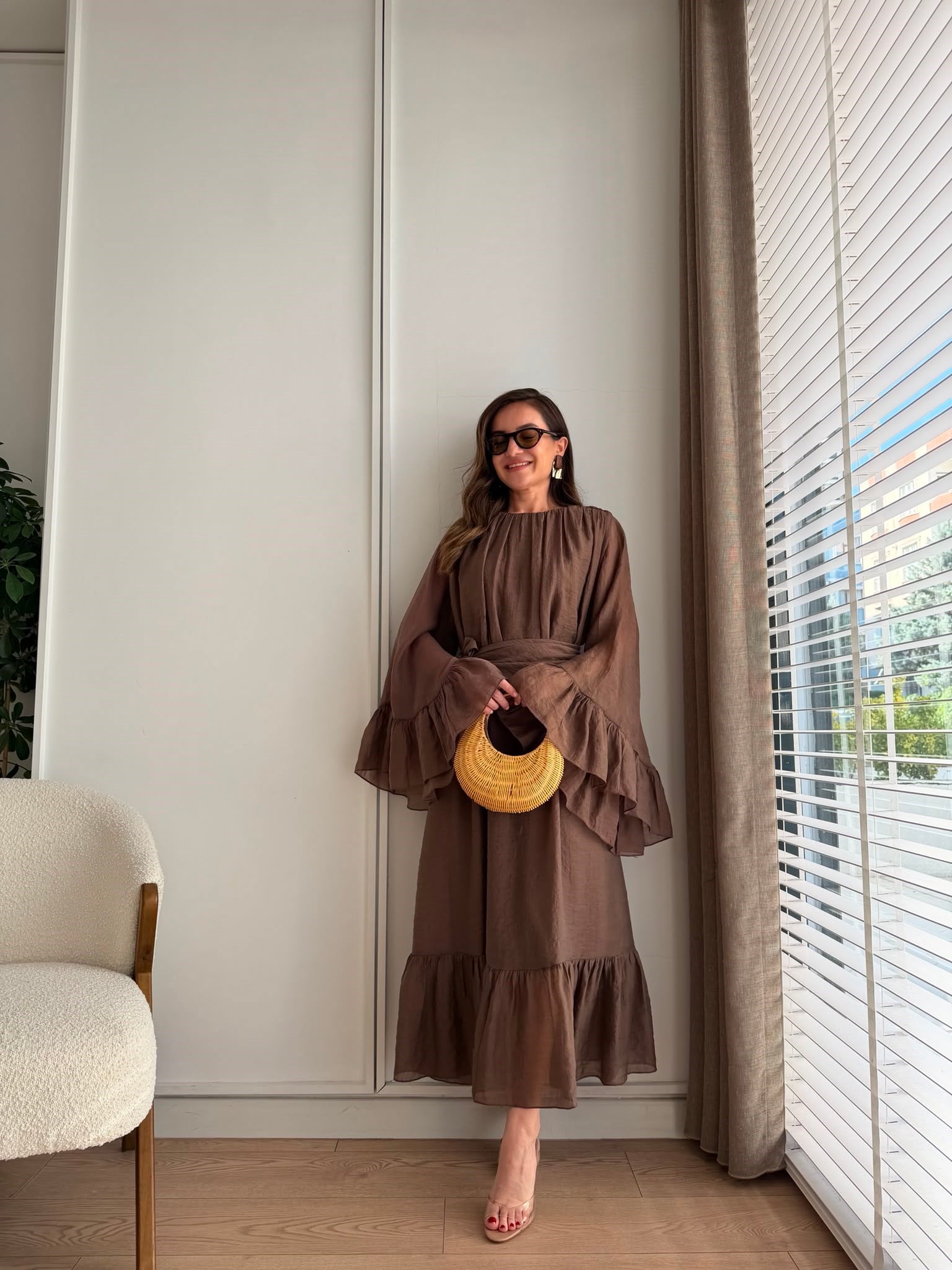 Kahve rengi Şallı Büzgülü Elbise 3404