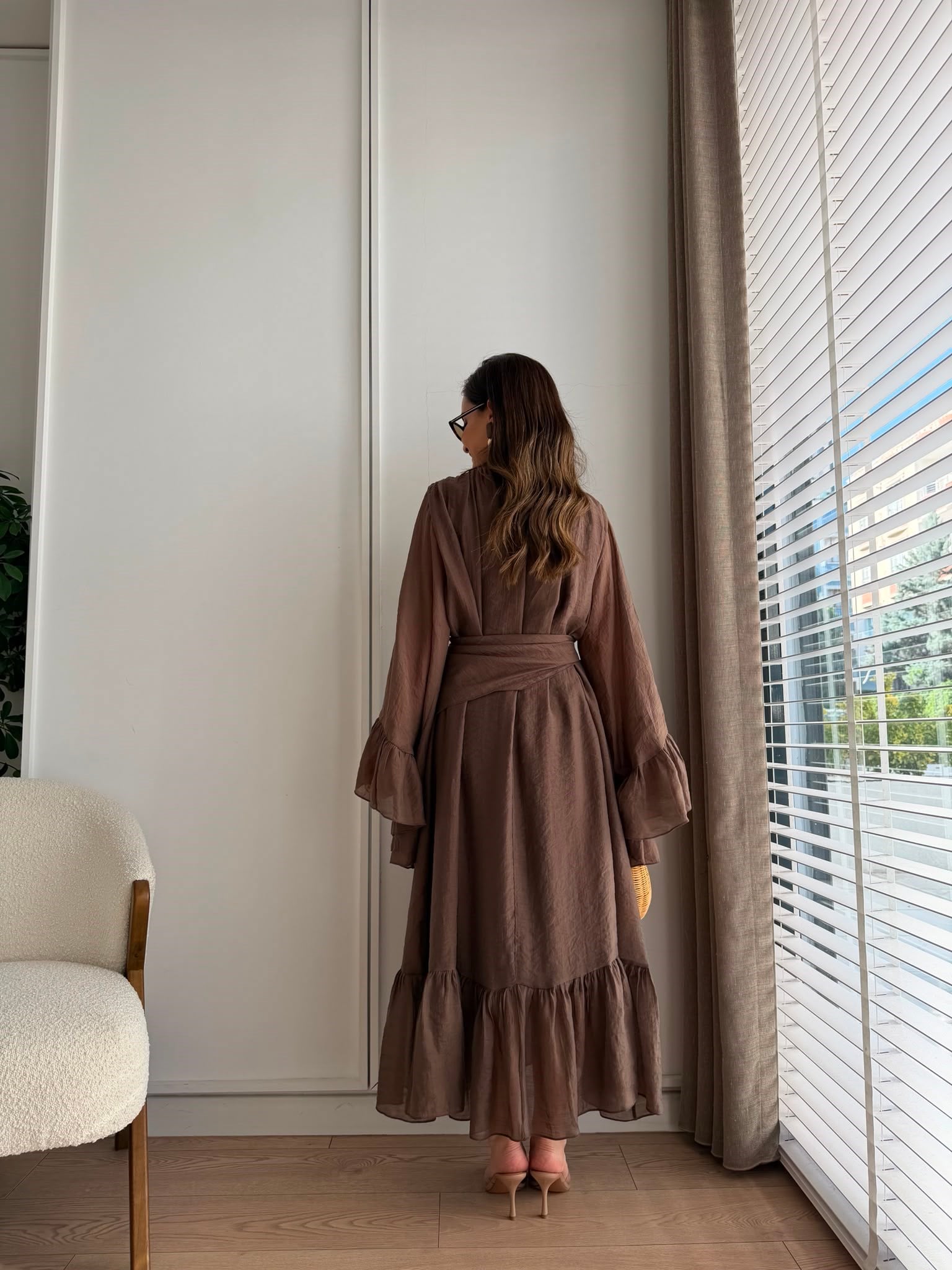 Kahve rengi Şallı Büzgülü Elbise 3404