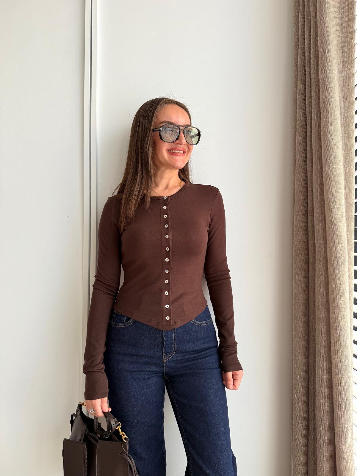 Kahve rengi Sedef Düğmeli Bisiklet Yaka Bluz 17156