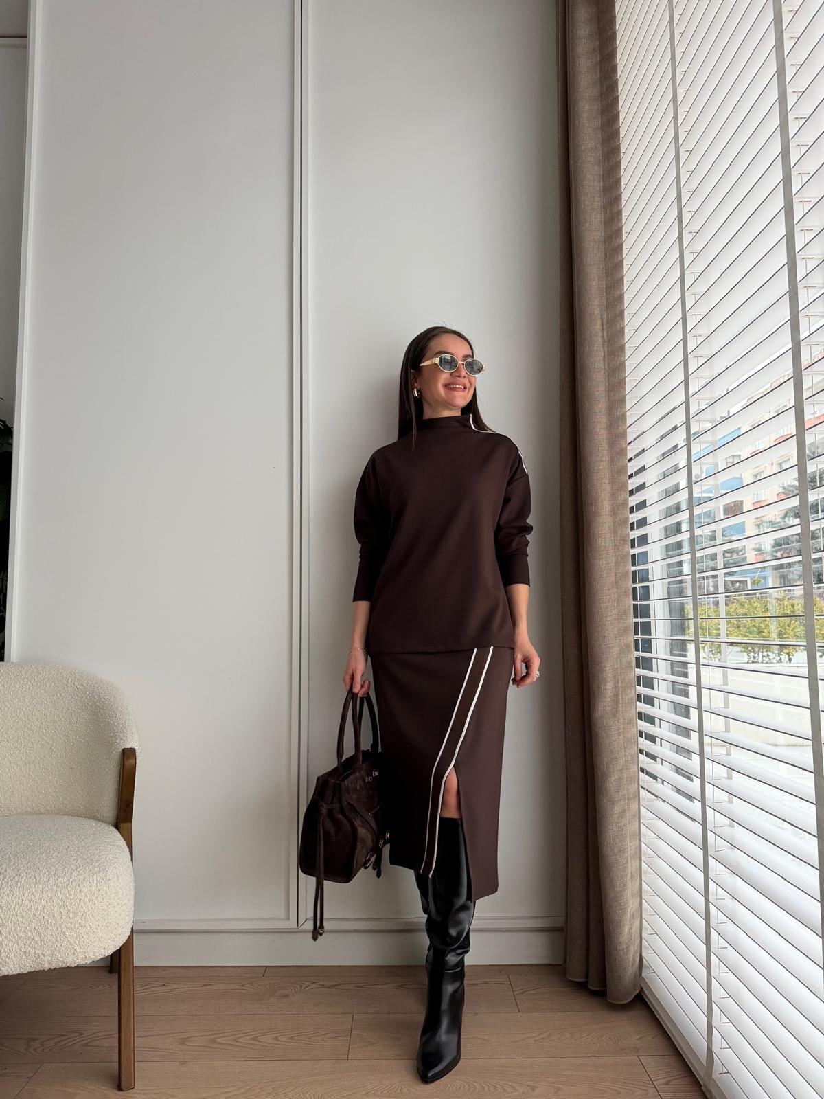 Kahve rengi Şerit Detaylı Etek Bluz Takım 2346