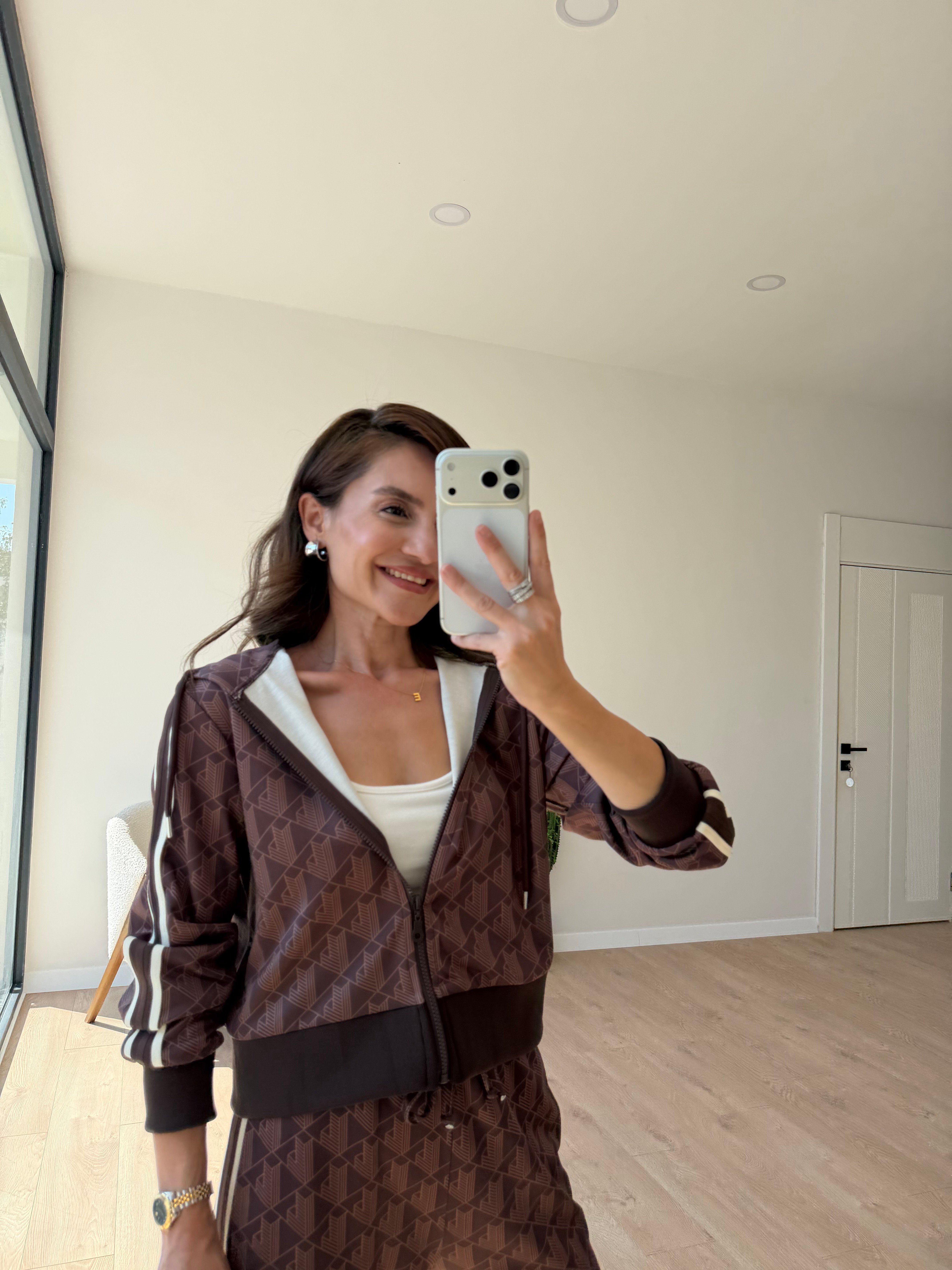 Kahve rengi Şeritli Kapuşonlu Sweatshirt Takım 2239