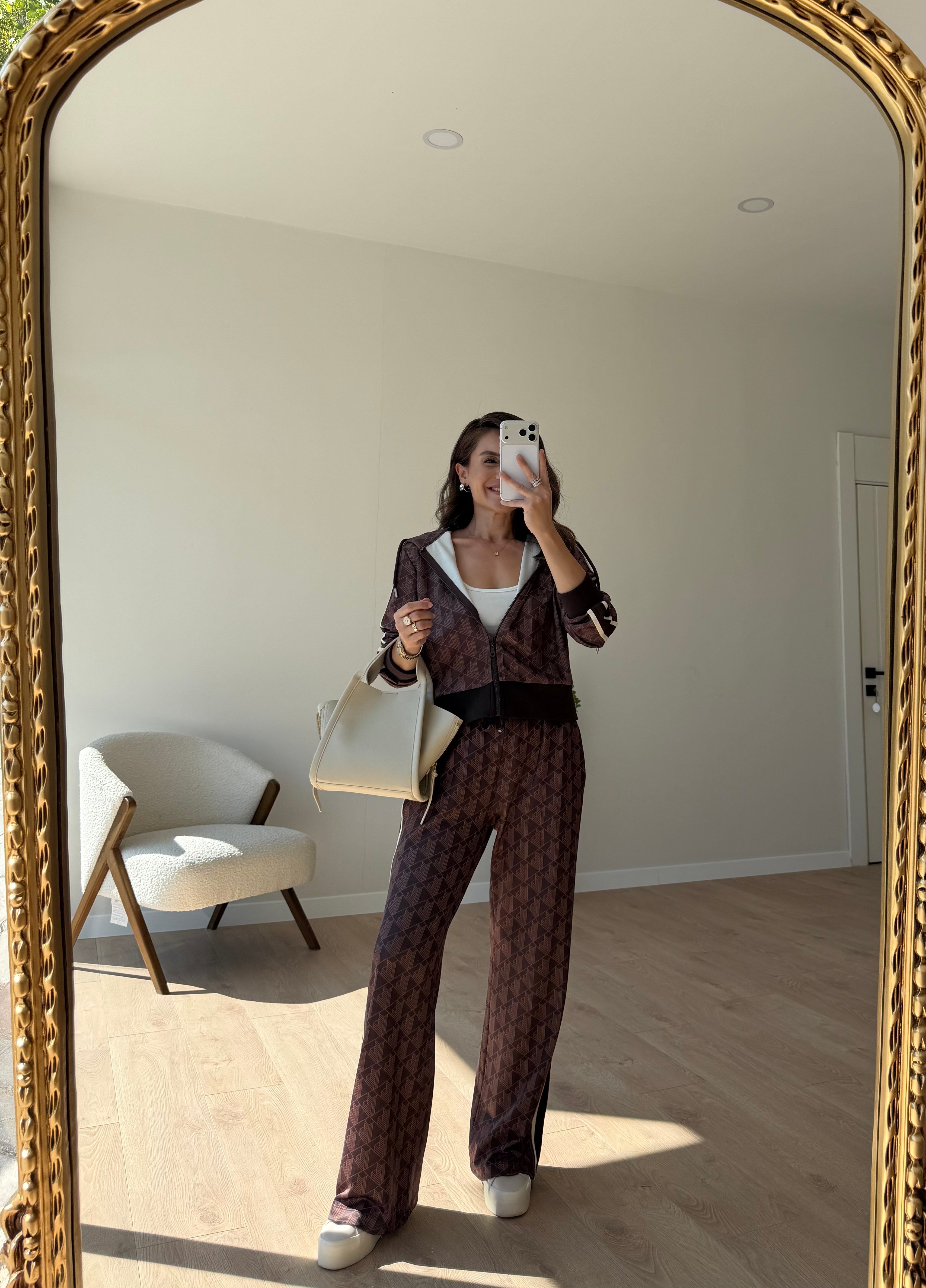 Kahve rengi Şeritli Kapuşonlu Sweatshirt Takım 2239