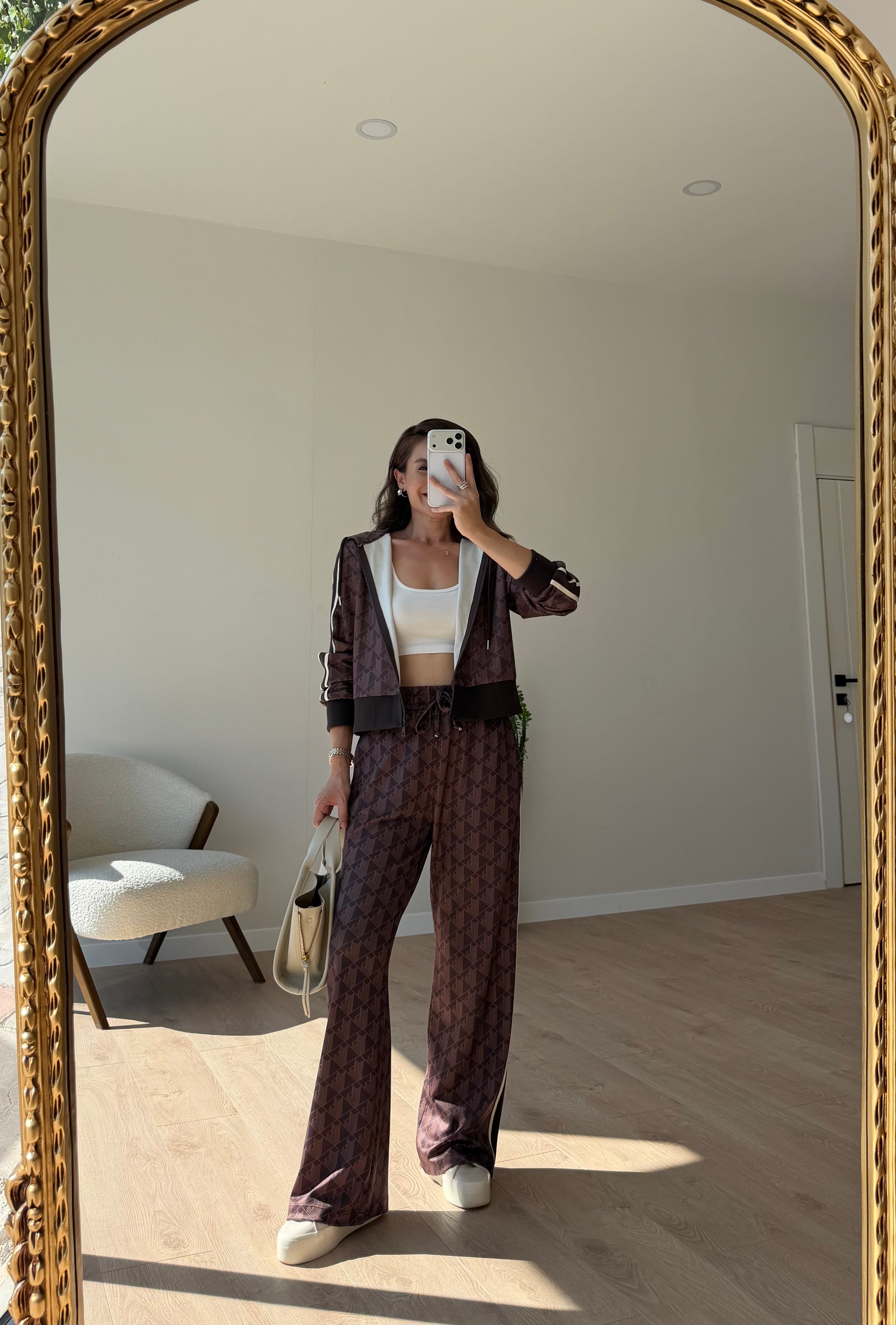 Kahve rengi Şeritli Kapuşonlu Sweatshirt Takım 2239
