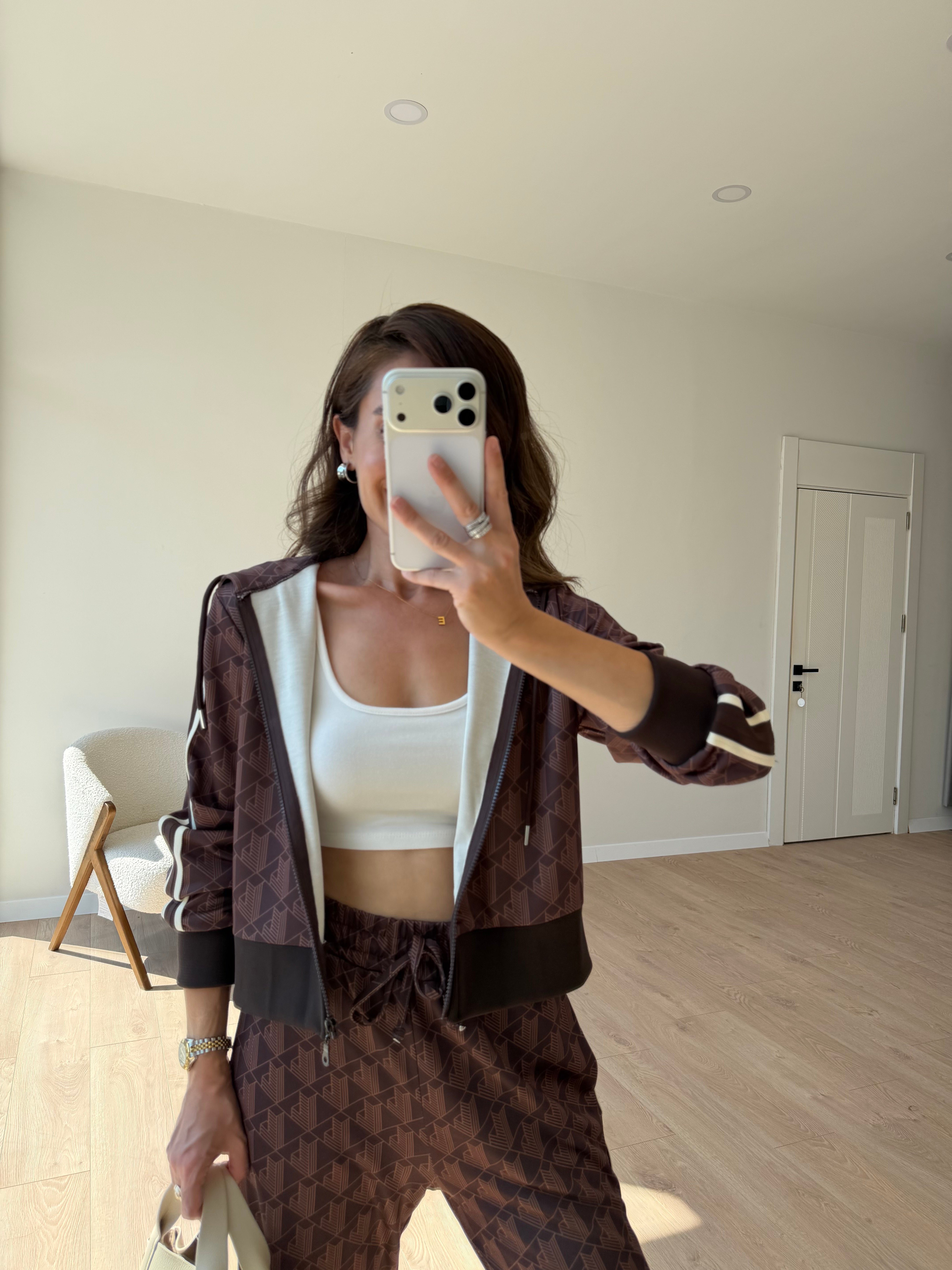 Kahve rengi Şeritli Kapuşonlu Sweatshirt Takım 2239