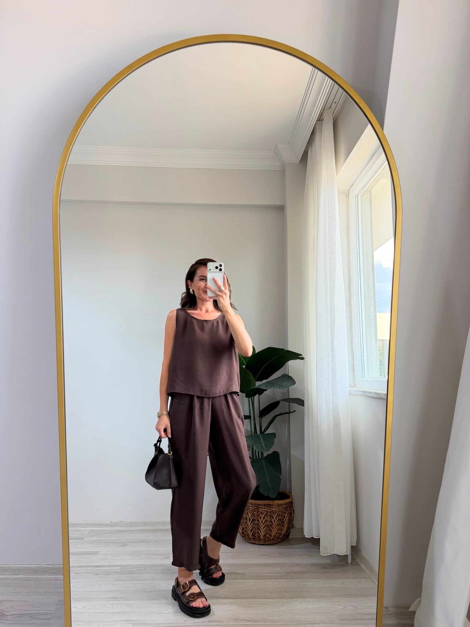 Kahve rengi Sıfır Kol Bluz Pantolon Takım 3089
