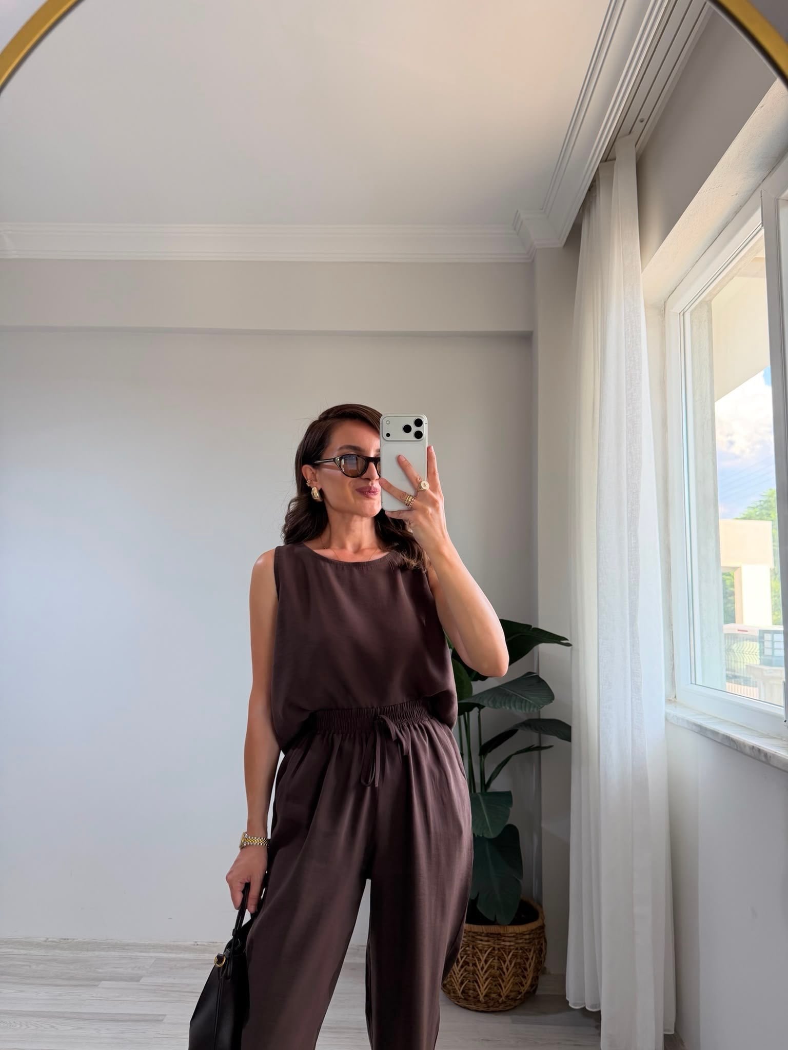 Kahve rengi Sıfır Kol Bluz Pantolon Takım 3089