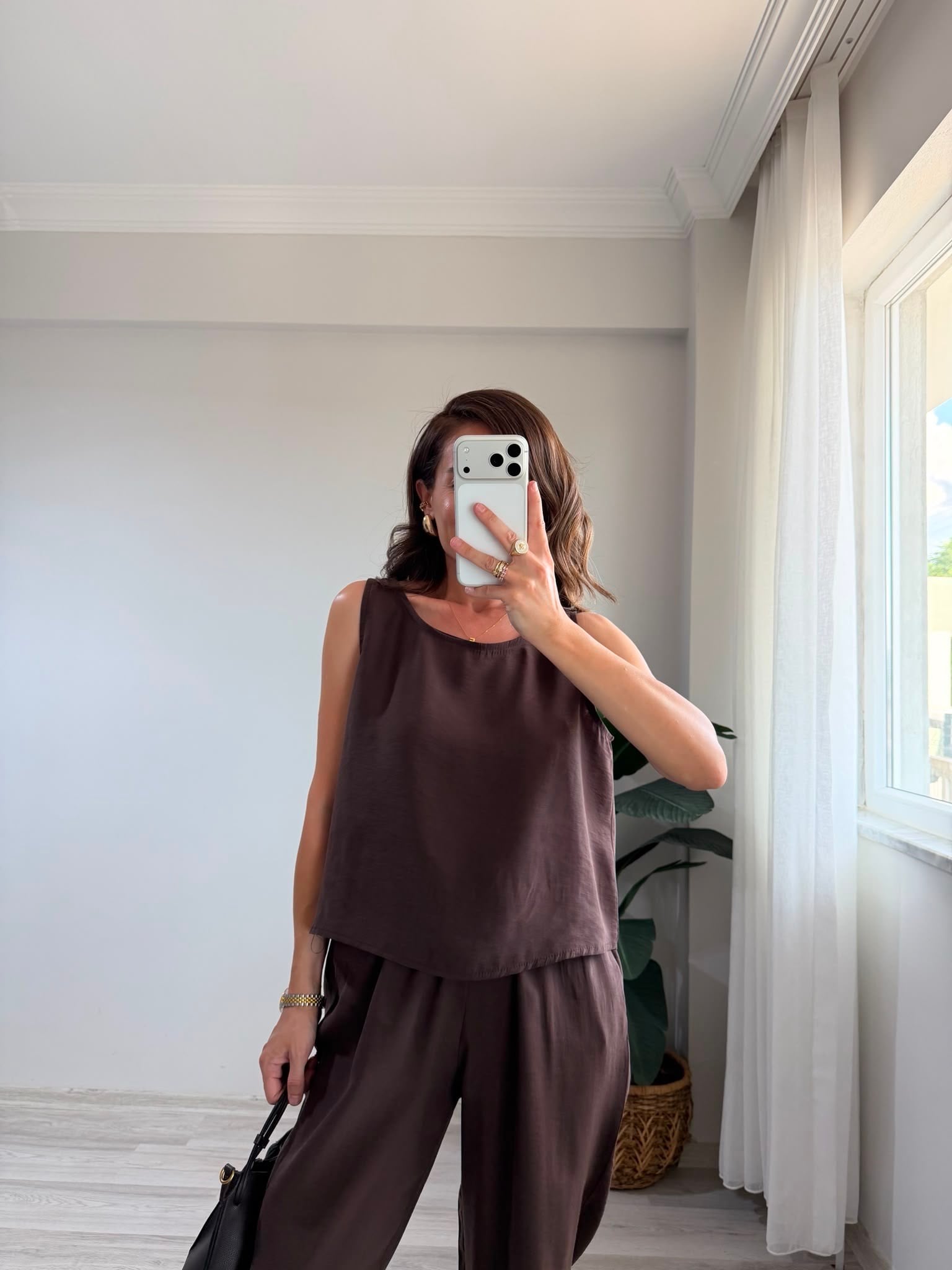 Kahve rengi Sıfır Kol Bluz Pantolon Takım 3089