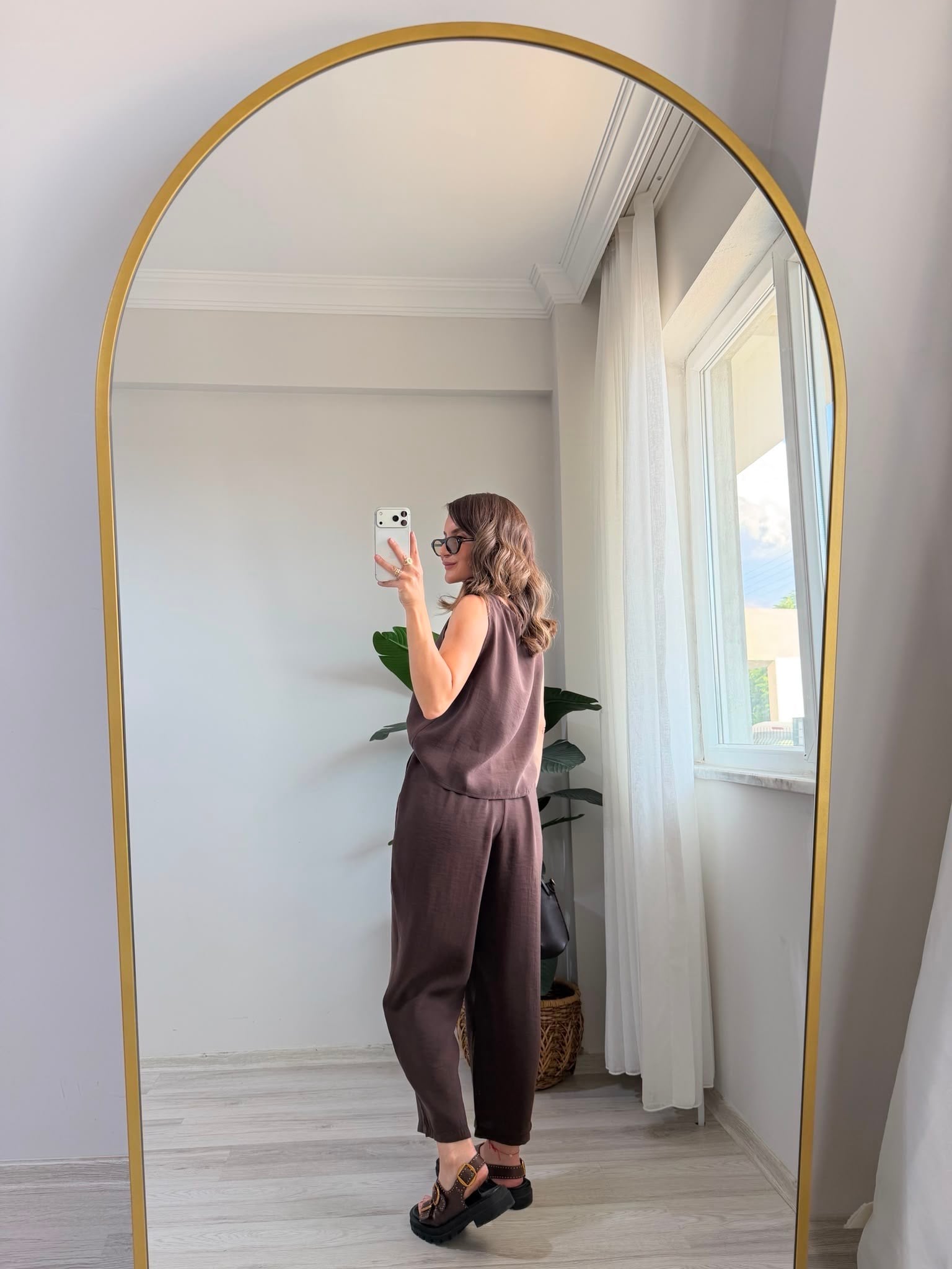 Kahve rengi Sıfır Kol Bluz Pantolon Takım 3089
