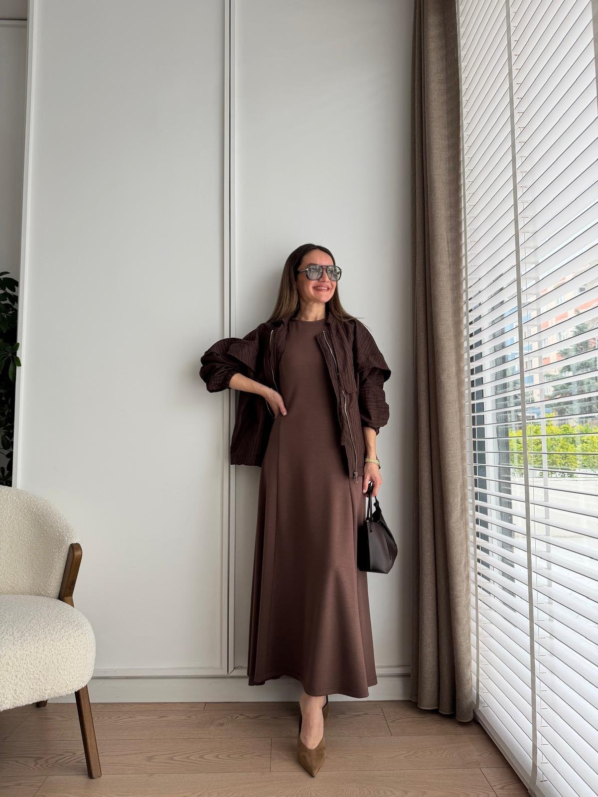 Kahve rengi Sıfır Kol Elbise Ceket Takım 2859