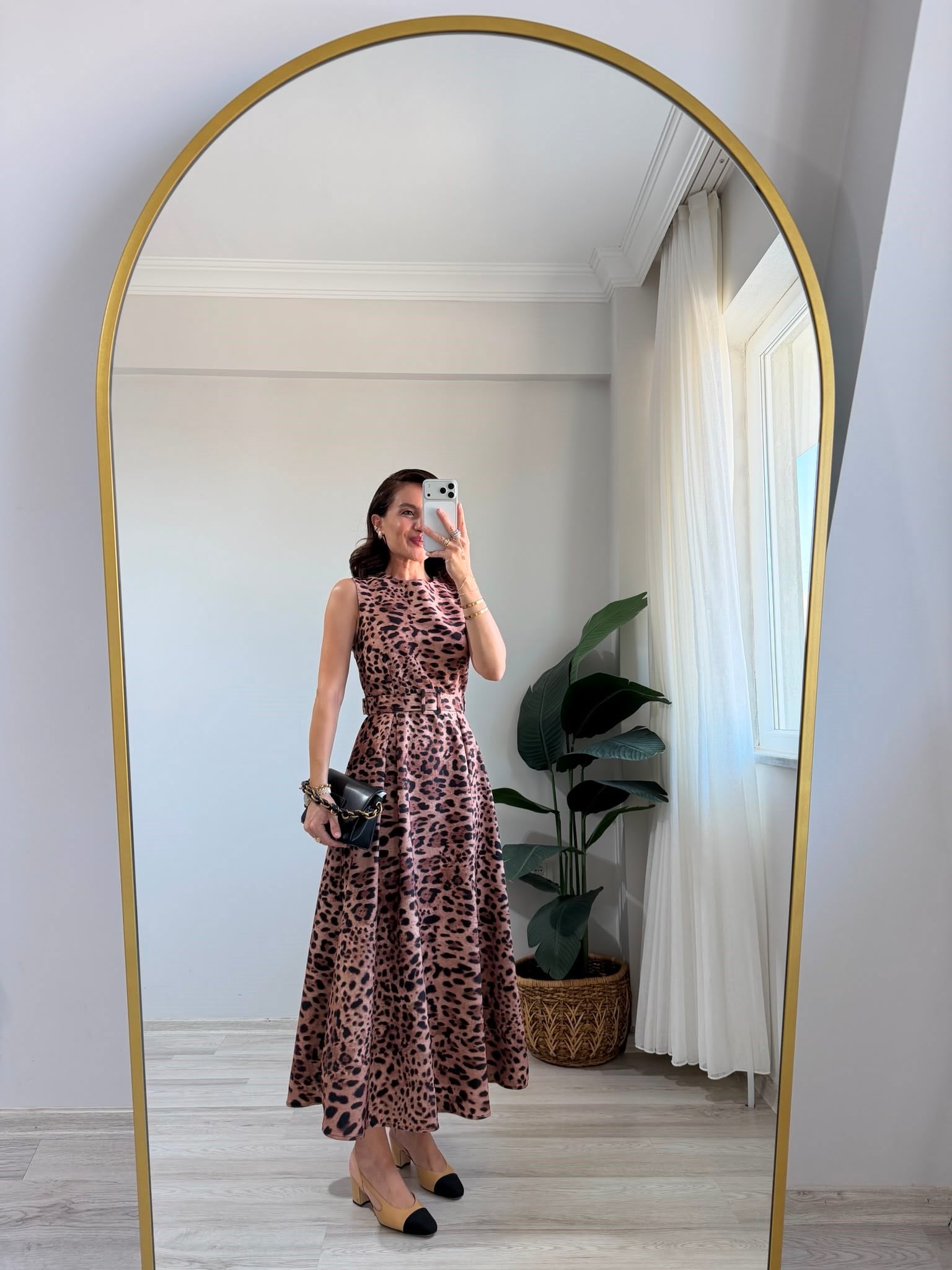 Kahve rengi Sıfır Kol Kemerli Leopar Elbise 4124