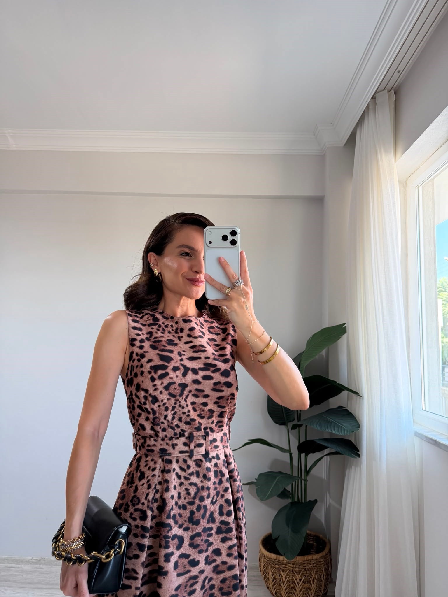 Kahve rengi Sıfır Kol Kemerli Leopar Elbise 4124